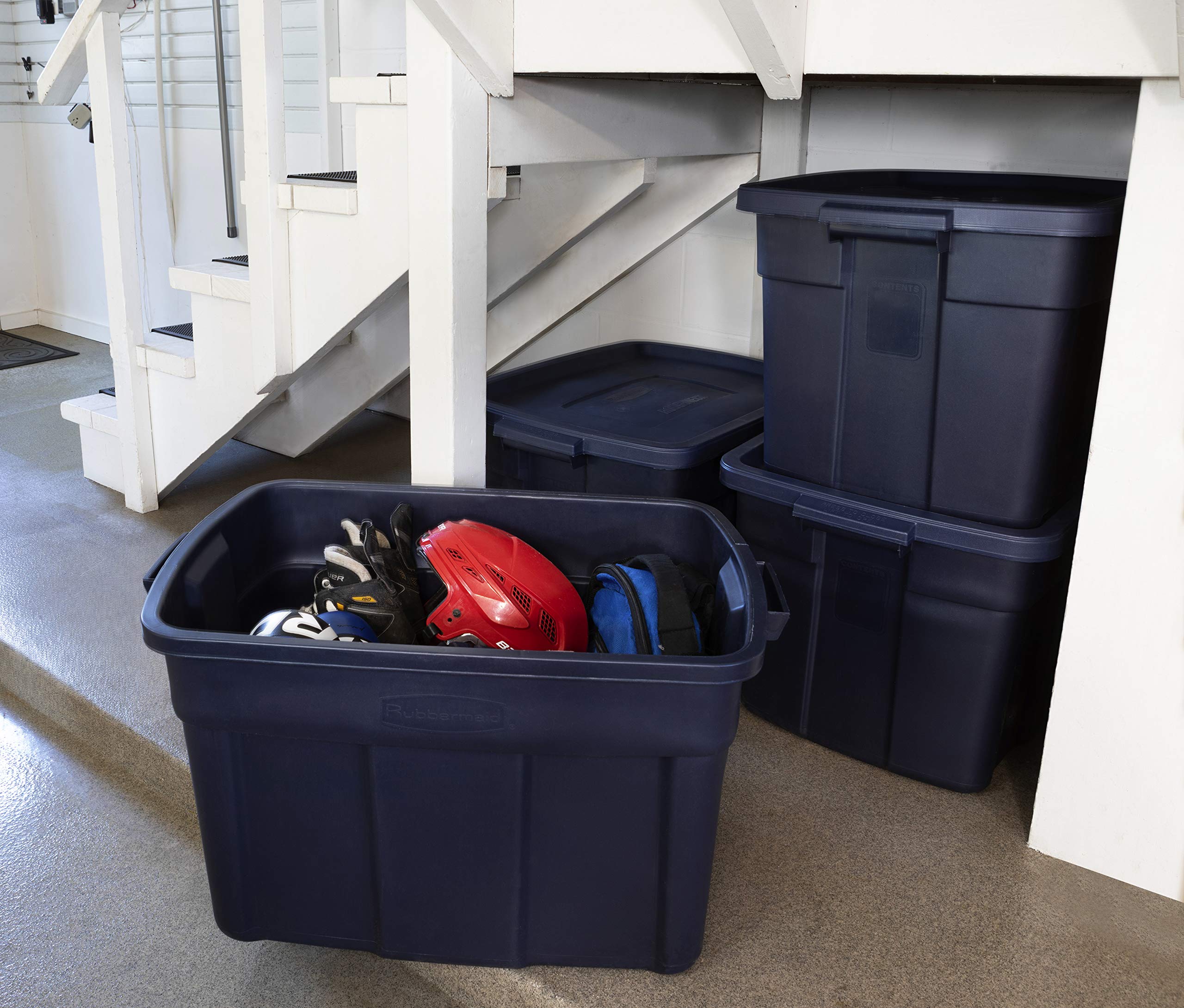 Rubbermaid Roughneck 25 Gallon Heavy-Duty Storage Totes (4-Pack) – Stackable Plastic Bins with Lids & Handles, Made in USA – Dark Indigo Metallic – Ideal for Garage Organization, Moving Supplies & Home Storage Solutions