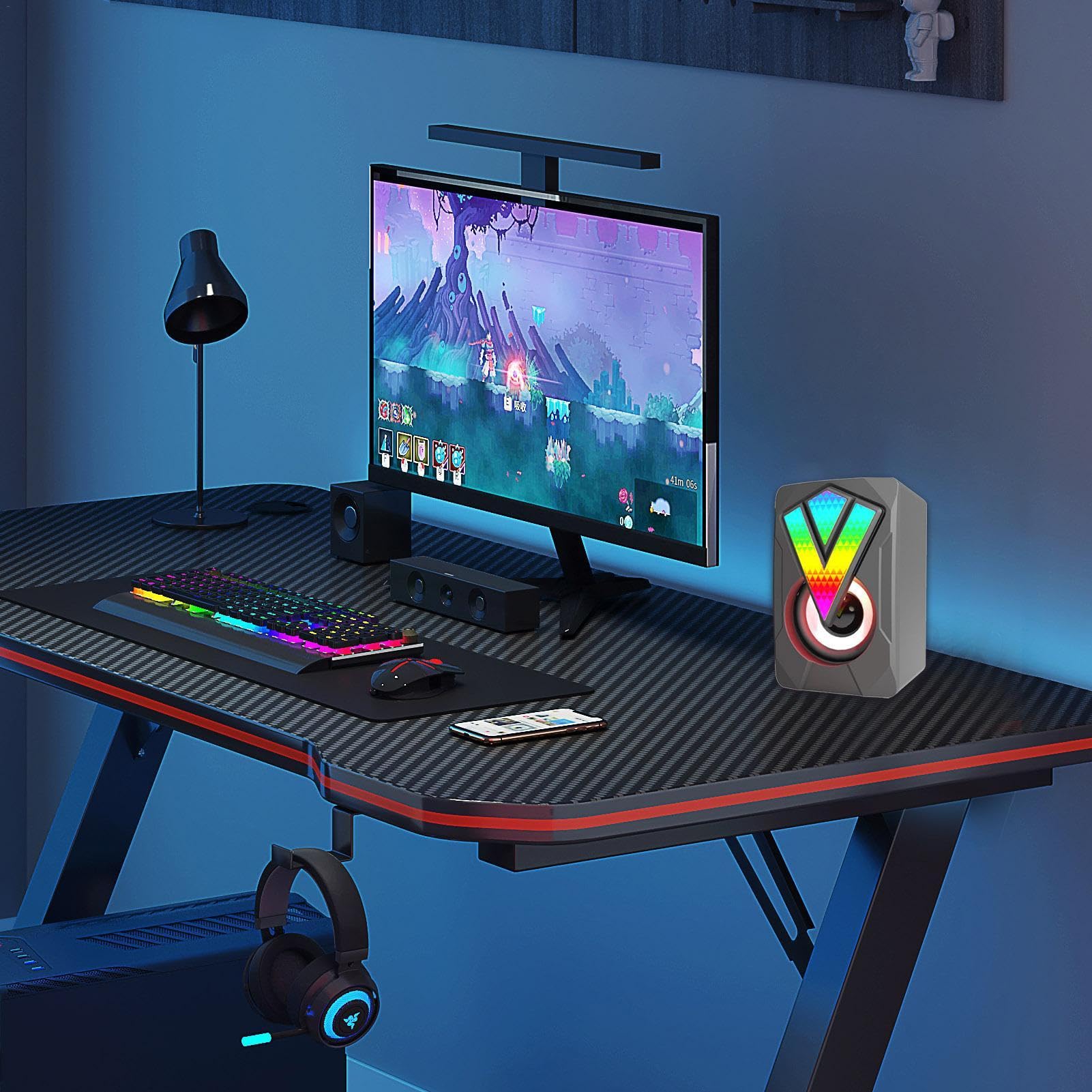 RGB Gaming Computer Speakers - USB Powered 2.0 Channel PC Speakers with Colorful LED Lights, Compatible with Laptop, Monitor, Tablet, Phone, MP3 Players - Perfect for Gaming, Work, and Entertainment