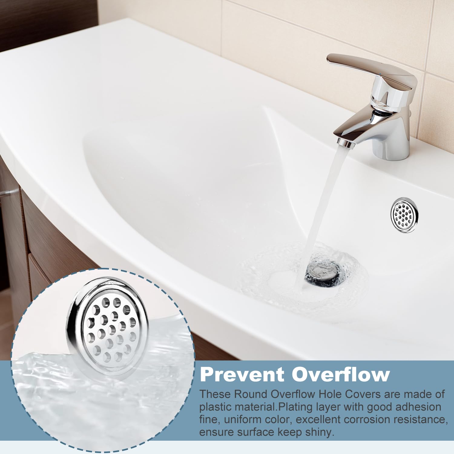 Yinpecly Plastic Sink Overflow Cover - Hollow Basin Trim, Round Hole Caps Insert (6pcs, Silver Tone) for Kitchen & Bathroom - Perfect for Home, Shopping Malls & Commercial Use