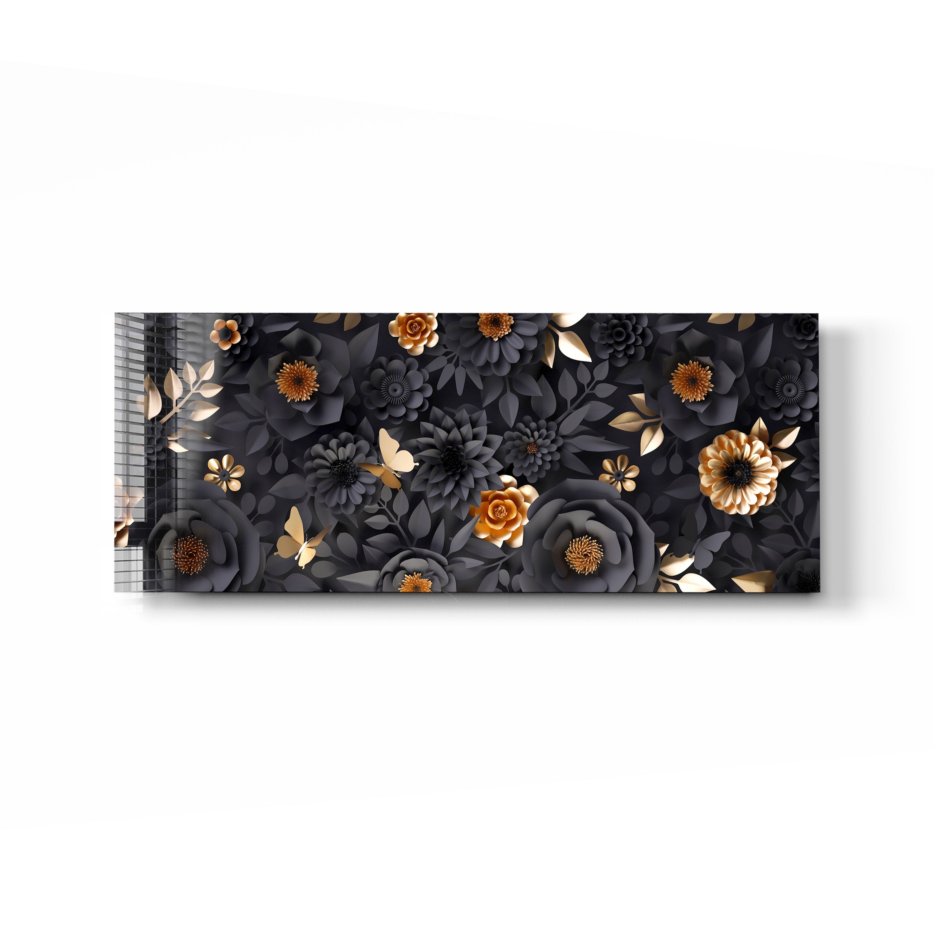 Black & Gold Floral Panoramic Wall Art - Elegant Home Decor for Living Room, Bedroom & Office