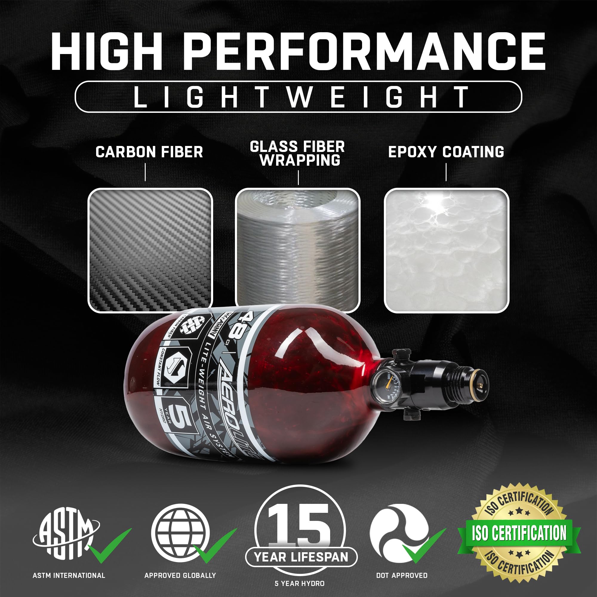HK Army Aerolite Carbon Fiber HPA Paintball Tank Air System - 48ci/4500psi - Lightweight High Pressure Air Tank for Tournament Paintball & Speedball Games