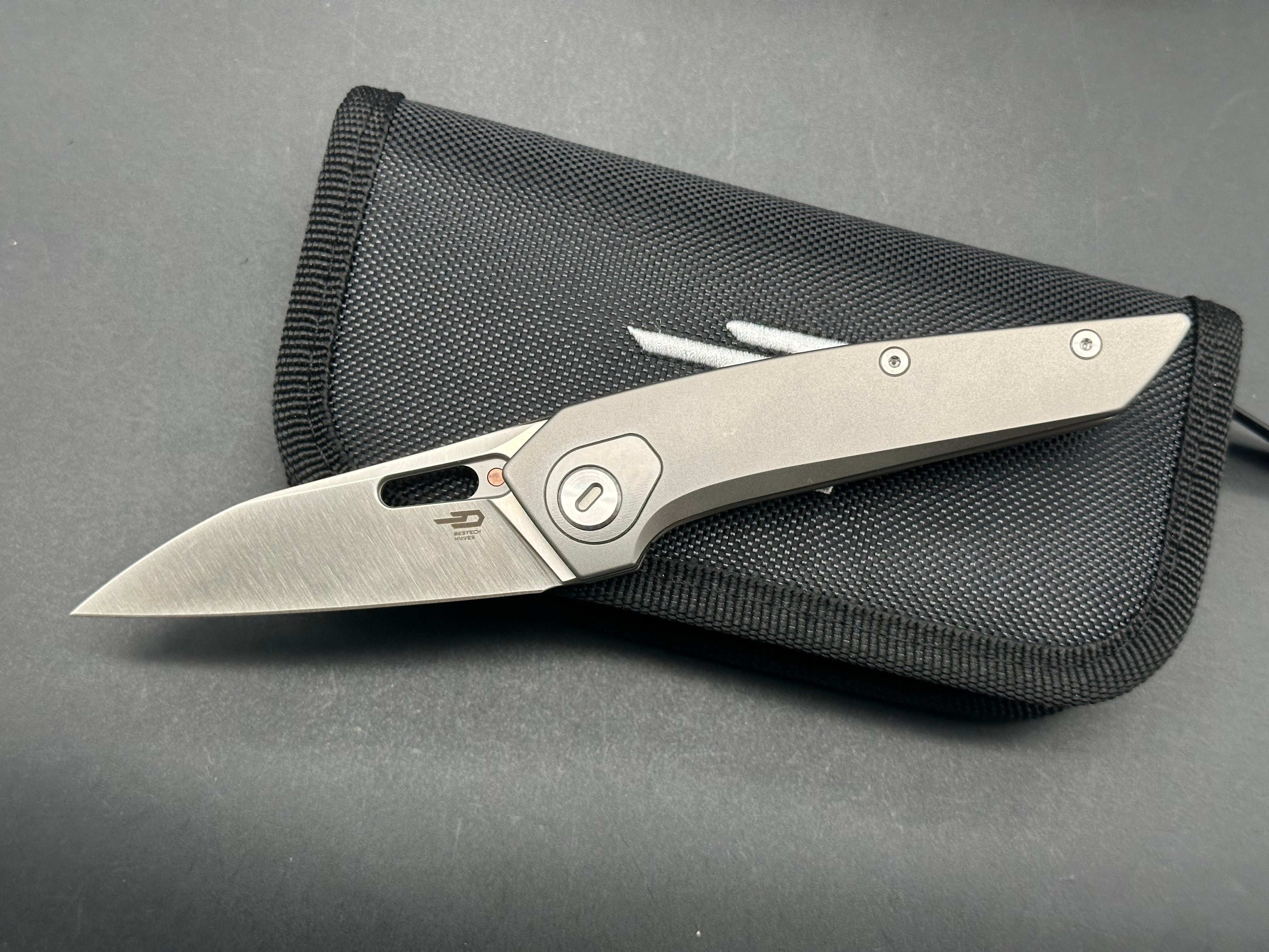 BESTECH VK VOID Folding Knife - White Bead Blast/Stonewash Titanium Handle, ELMAX Plain Edge Satin Finish BT2305A - EDC Pocket Knife for Camping, Hiking & Outdoor Survival