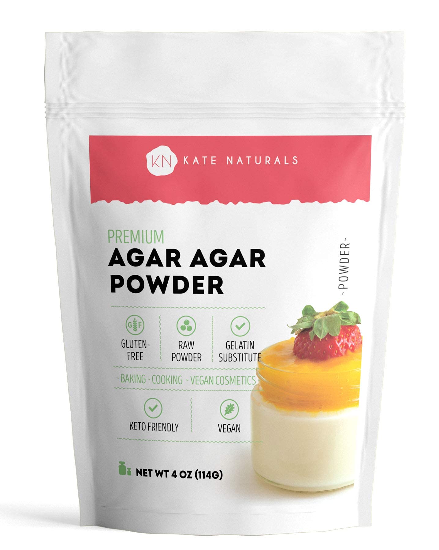 Kate Naturals Agar Agar Powder - Vegan, Halal, Unflavored Gelatin Substitute for Cooking, Baking & Petri Dishes (4oz, Plant-Based, Vegetarian) | Perfect for Jellies, Puddings & Science Experiments