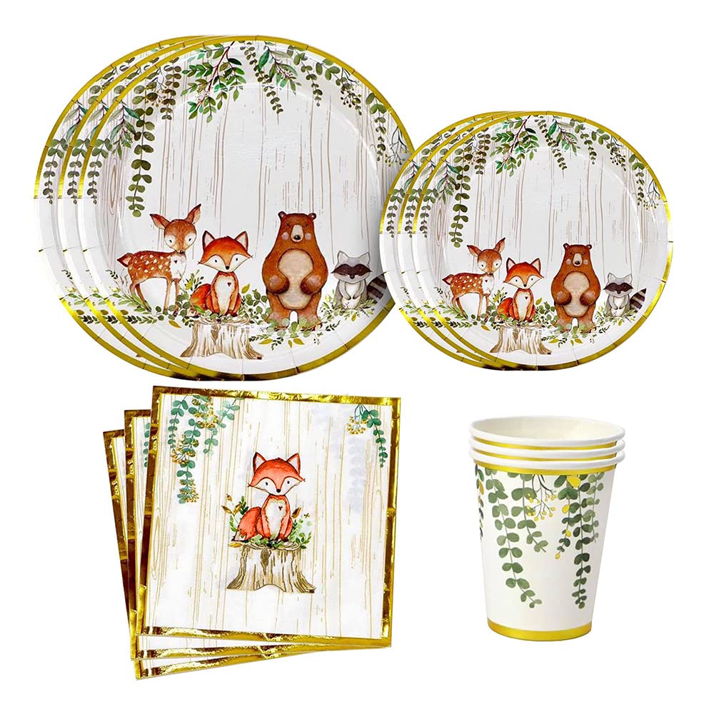 YARA 96-Piece Woodland Animals Baby Shower & Birthday Party Supplies Set - Fox Theme Disposable Tableware (Plates, Napkins, Cups) for Boys & Girls - Forest Creatures Decorations - Serves 24 Guests - Perfect for Baby Showers, Birthday Parties & Themed Events