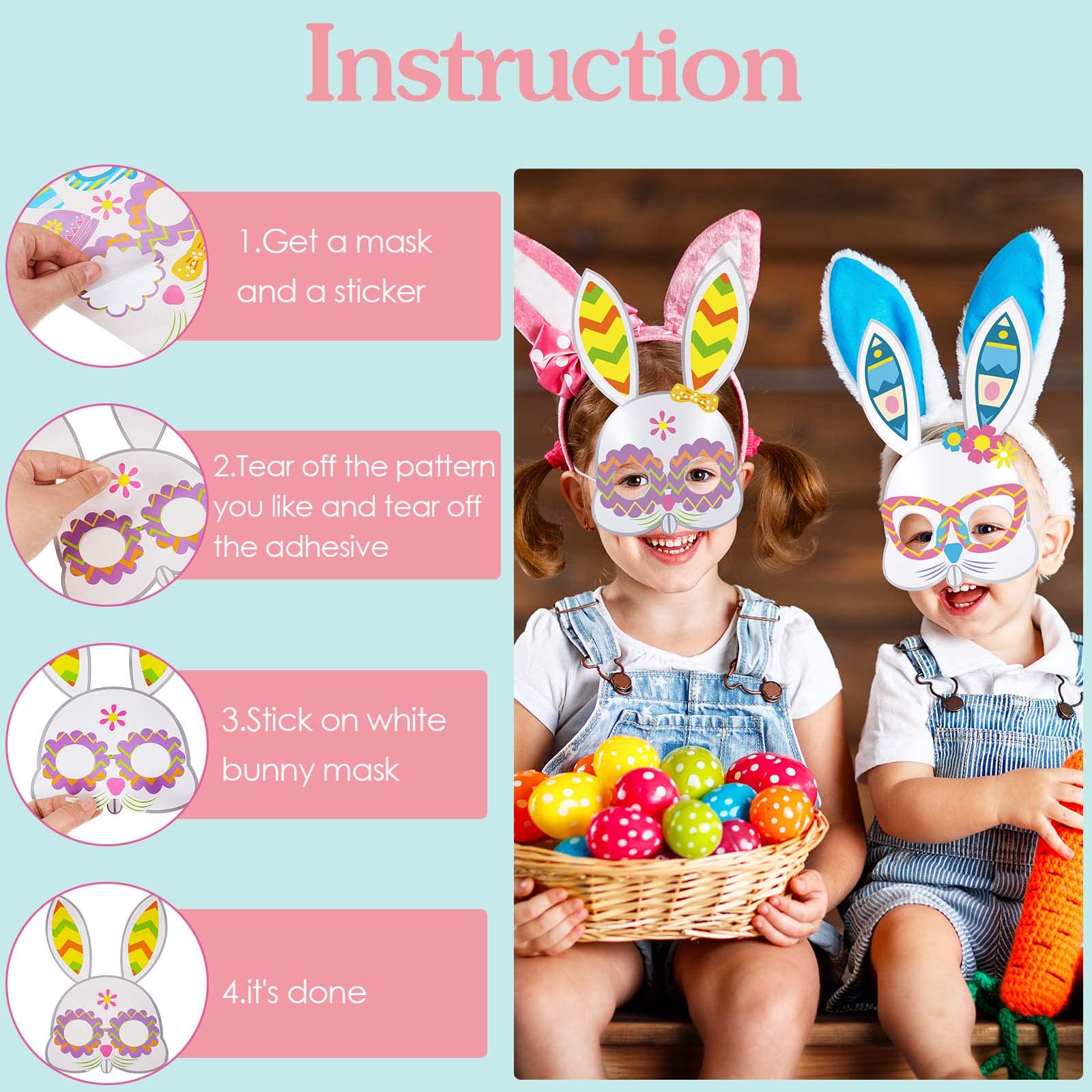 24-Pack DIY Easter Bunny Mask Craft Kits for Kids - Bunny Masks, Stickers & Elastic Bands - Fun Easter Crafts, Pretend Play & DIY Activities - Perfect for Easter Egg Hunts, Theme Parties & Classroom Celebrations