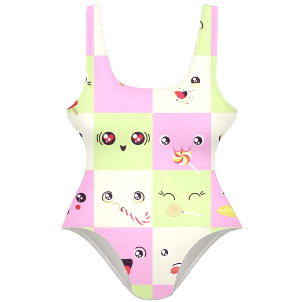MAPOLO Women's One Piece Swimsuit - Cute Colorful Vector Faces Eating Snacks Design, Bathing Suit for Beach, Pool & Summer Vacations