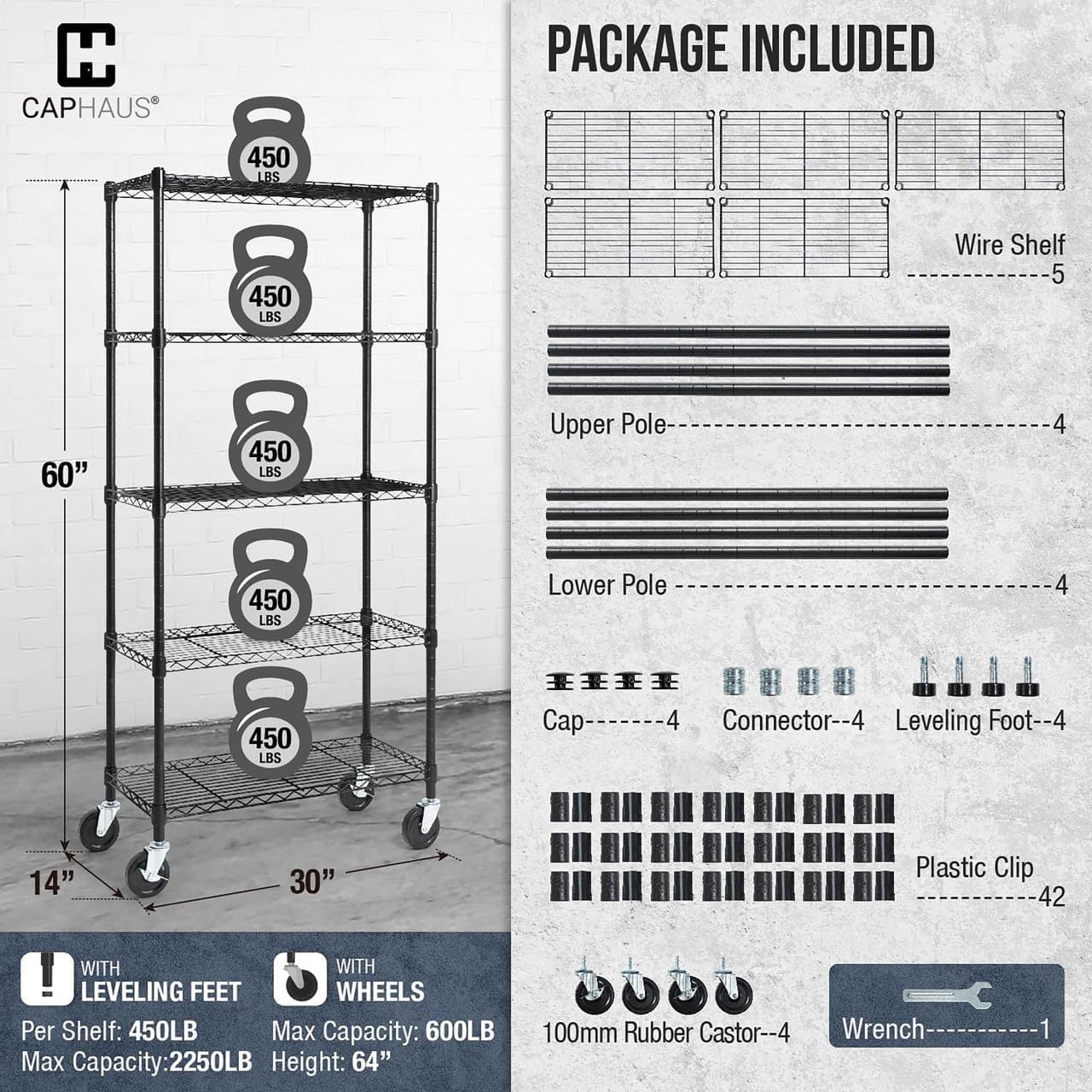 CAPHAUS NSF Commercial Grade Heavy Duty Wire Shelving with Wheels & Leveling Feet - 30