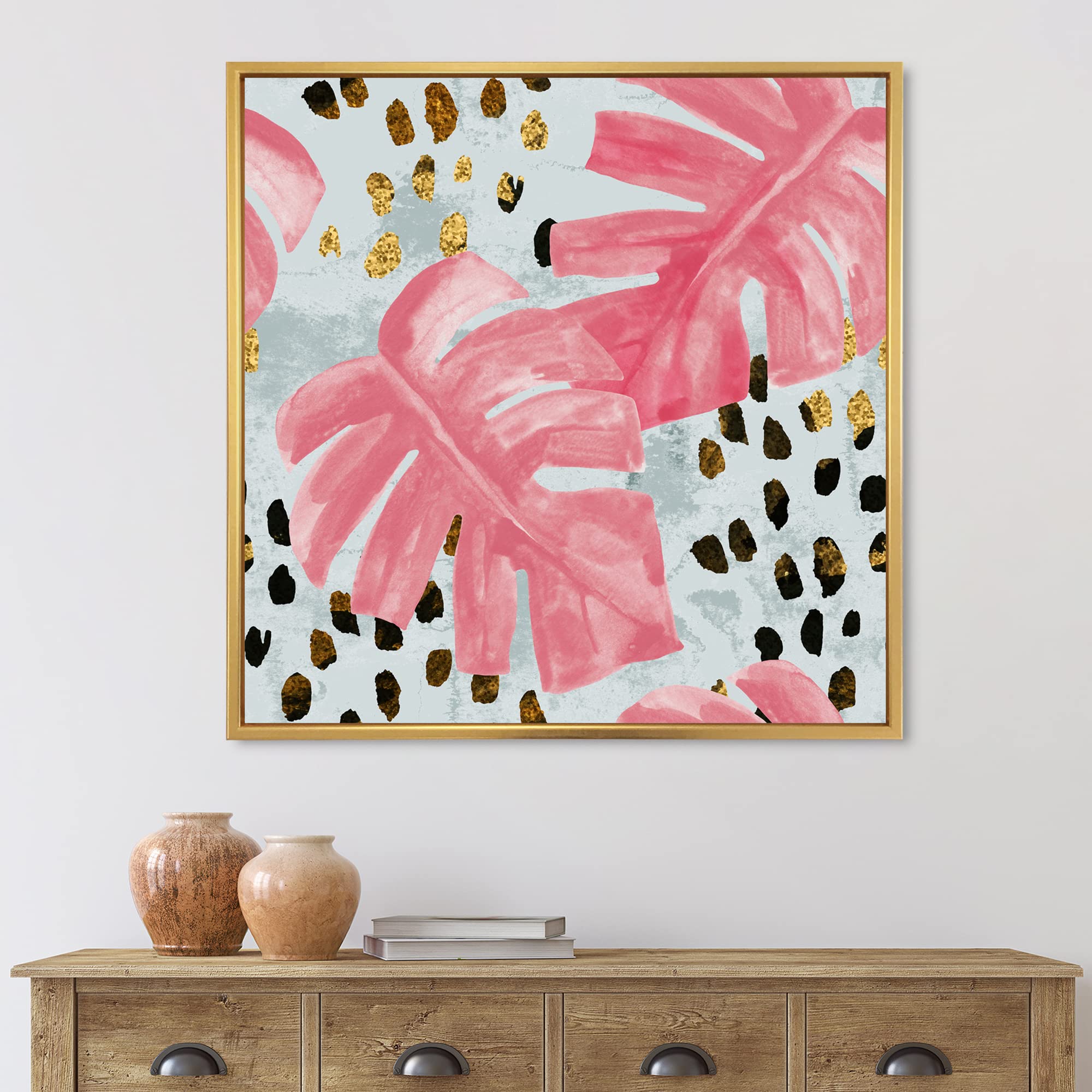 DesignQ Pink Monstera Leaf Tropical Wall Art - Framed Canvas Print with Rough Brush Strokes for Home & Office Decor