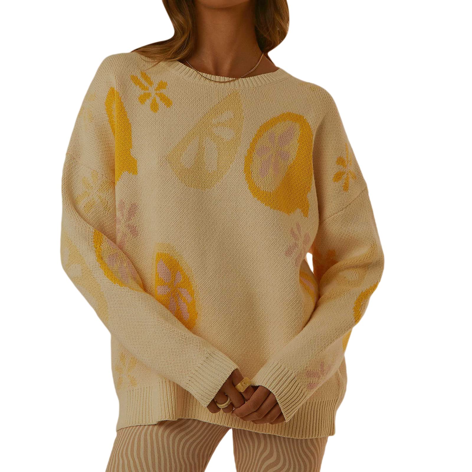 Women's Oversized Knitted Sweater - Long Sleeve Round Neck Casual Pullover with Fruit Print | Perfect for Fall Layering, Coffee Dates & Weekend Outfits