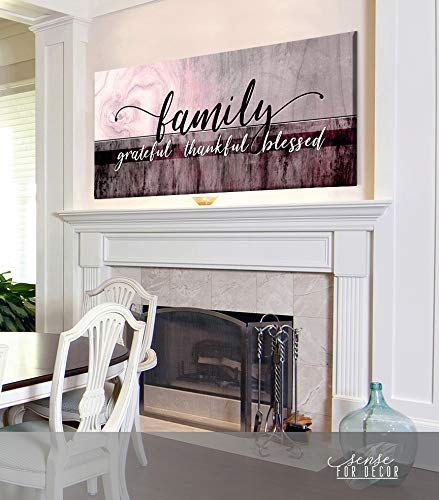Family Grateful Thankful Blessed Christian Wall Decor - Purple Wine Red Wooden Sign (60x27 Inch) for Living Room, Bedroom & Home Decorations - Perfect Gift for Housewarming, Wedding & Holidays