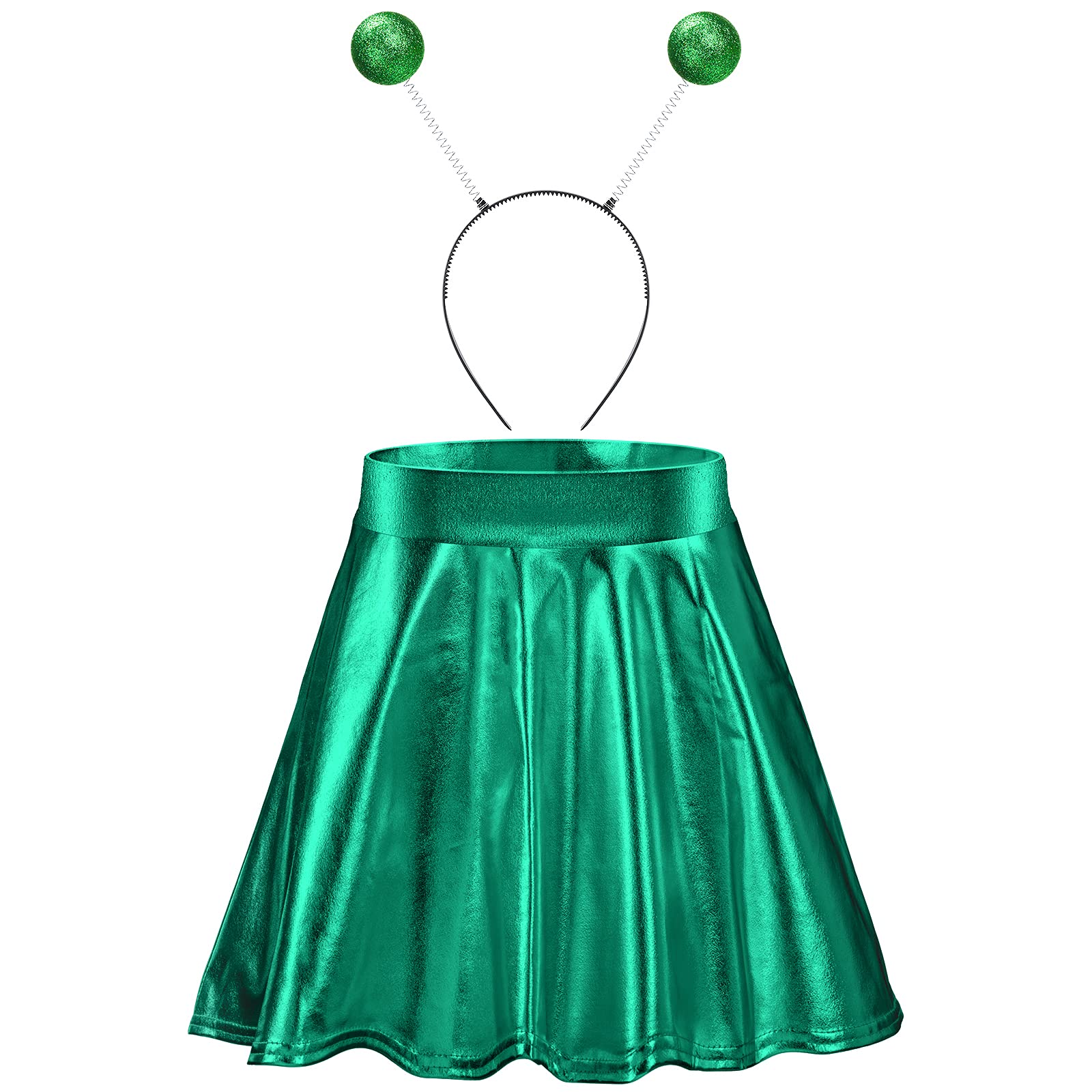 Halloween Alien Headband & Metallic Flare Skater Skirt Costume Set - Sci-Fi Cosplay Accessories for Women, Girls Halloween Party Outfit (Black/Silver)