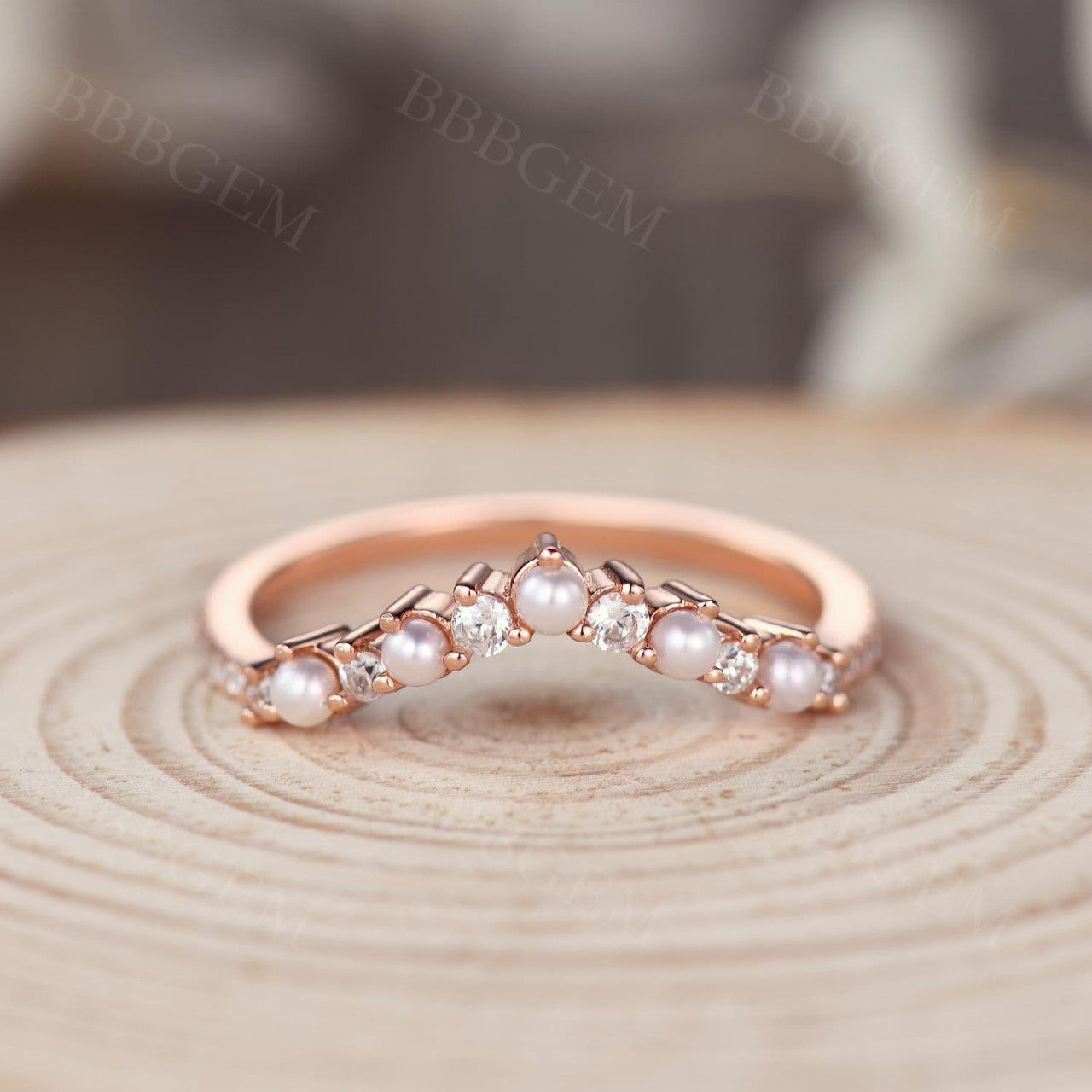 14K Rose Gold Petite V-Shaped Pearl & Diamond Stacking Ring for Women - Elegant Curve Band for Layering, Stacking, and Everyday Wear