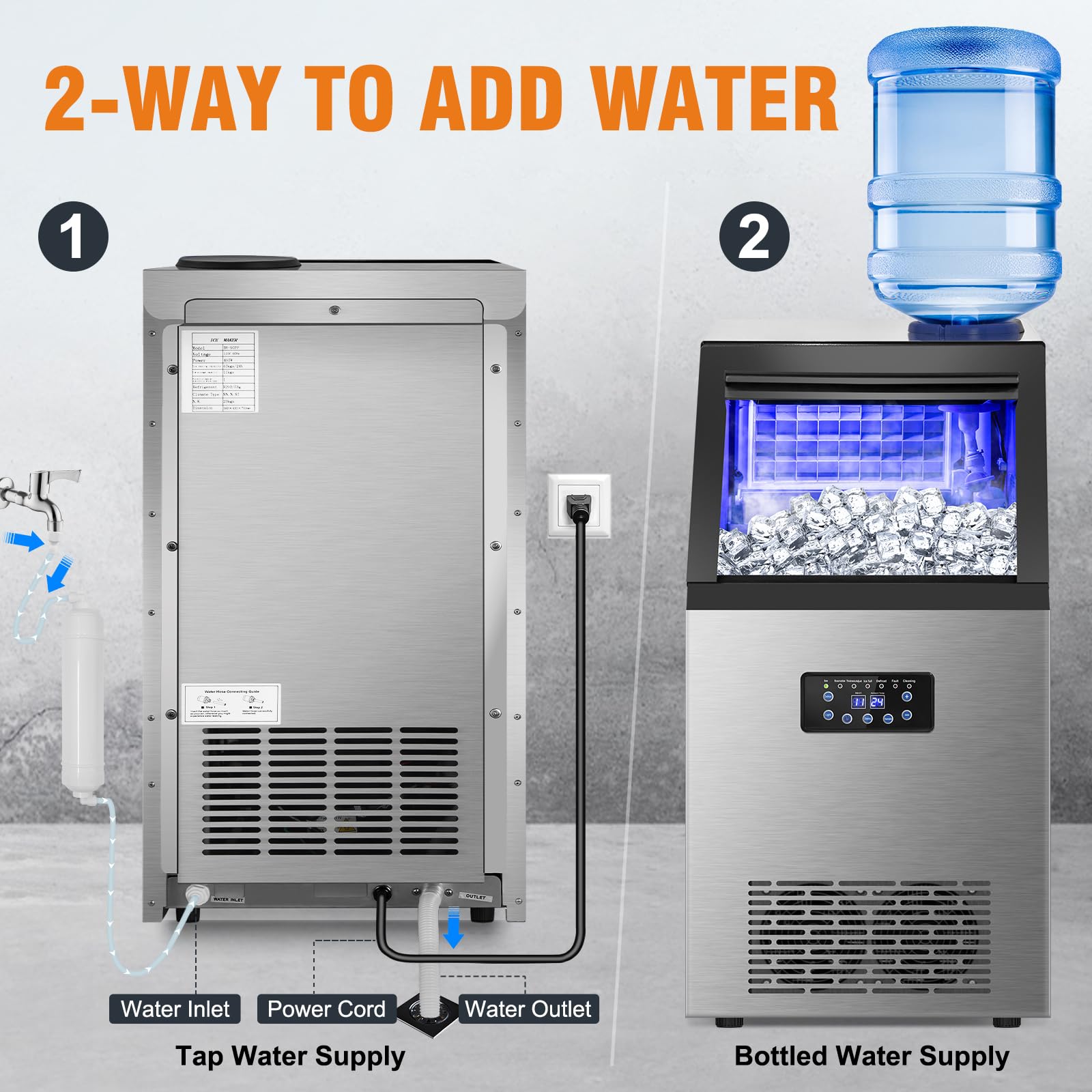 Commercial Ice Maker Machine 120Lbs/24H with 30Lbs Storage Bin - 40 Ice Cubes in 6 Minutes - 2-Way Water Supply Under Counter Freestanding Ice Machine for Home Bar, Office, Restaurant, and Commercial Use - Perfect for Cocktails, Beverages, and Large Gatherings