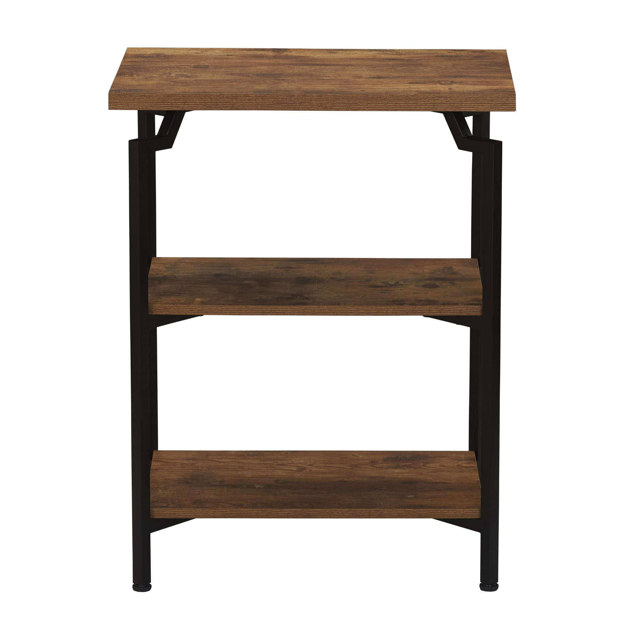 Rustic Hickory Wood Grain & Black Metal 3-Shelf Open Storage Bookshelf - Narrow Design for Home, Office, or Dorm Organization | Household Essentials Crown Collection