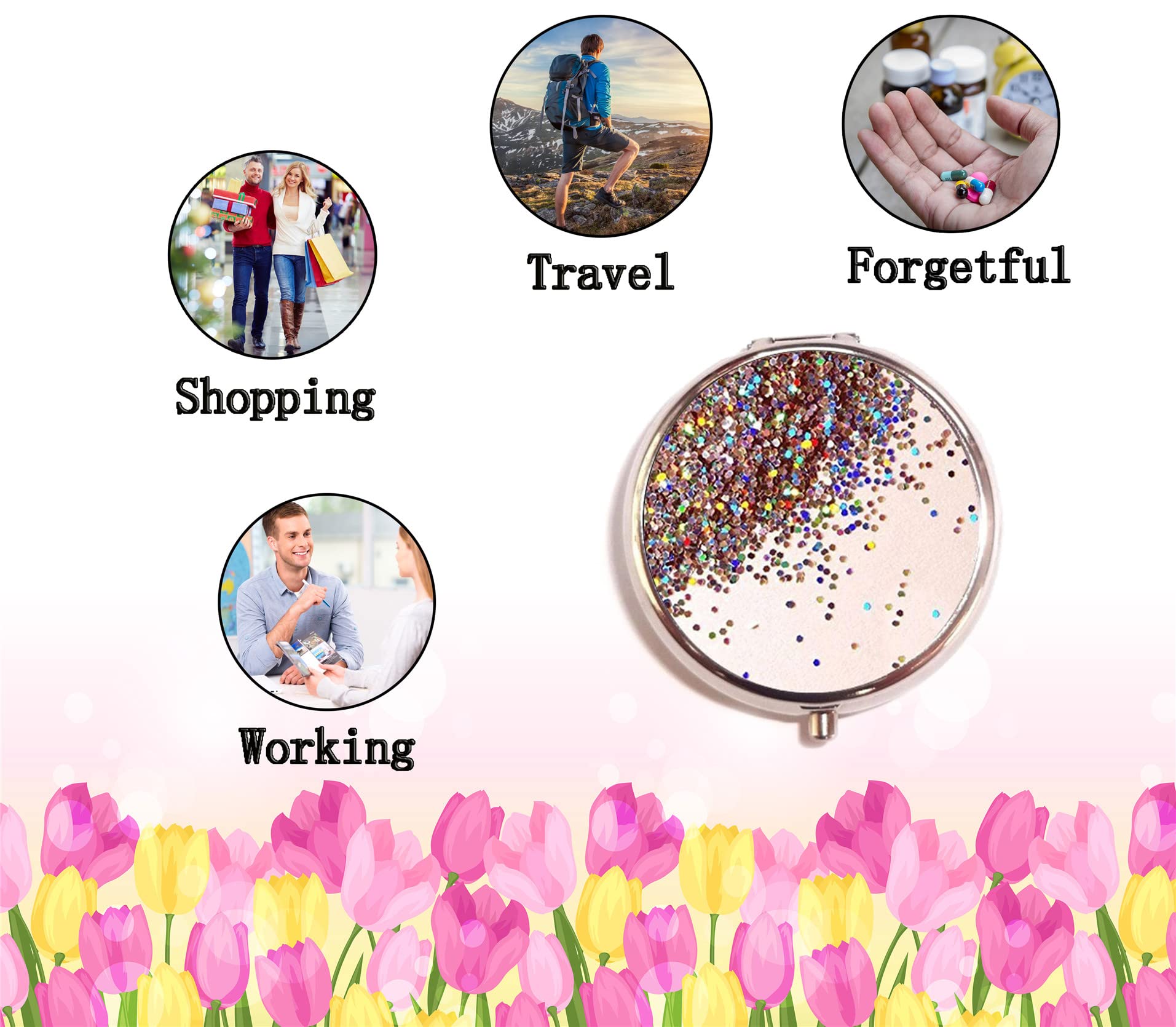Glitter Spill Custom Fashion Pill Box - Portable Medicine Tablet Holder & Wallet Organizer for Purse - Perfect for Travel, Daily Medication, and Women's Accessories