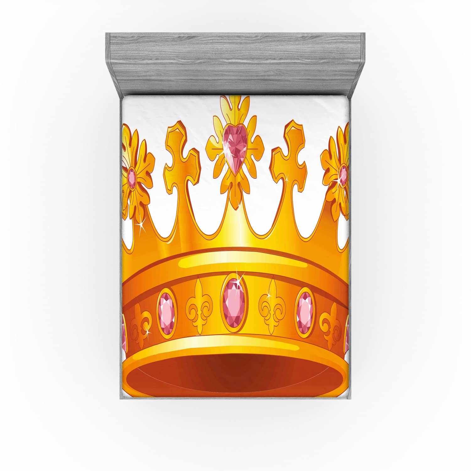Ambesonne Queen Size Fitted Sheet - Antique Tiara Crown with Pale Pink Gemstone Design, Deep Pocket All-Around Elastic for Secure Fit, Luxury Cartoon Bedding (Orange & Rose) - Perfect for Royal-Themed Bedrooms, Princess Decor, and Comfortable Sleep