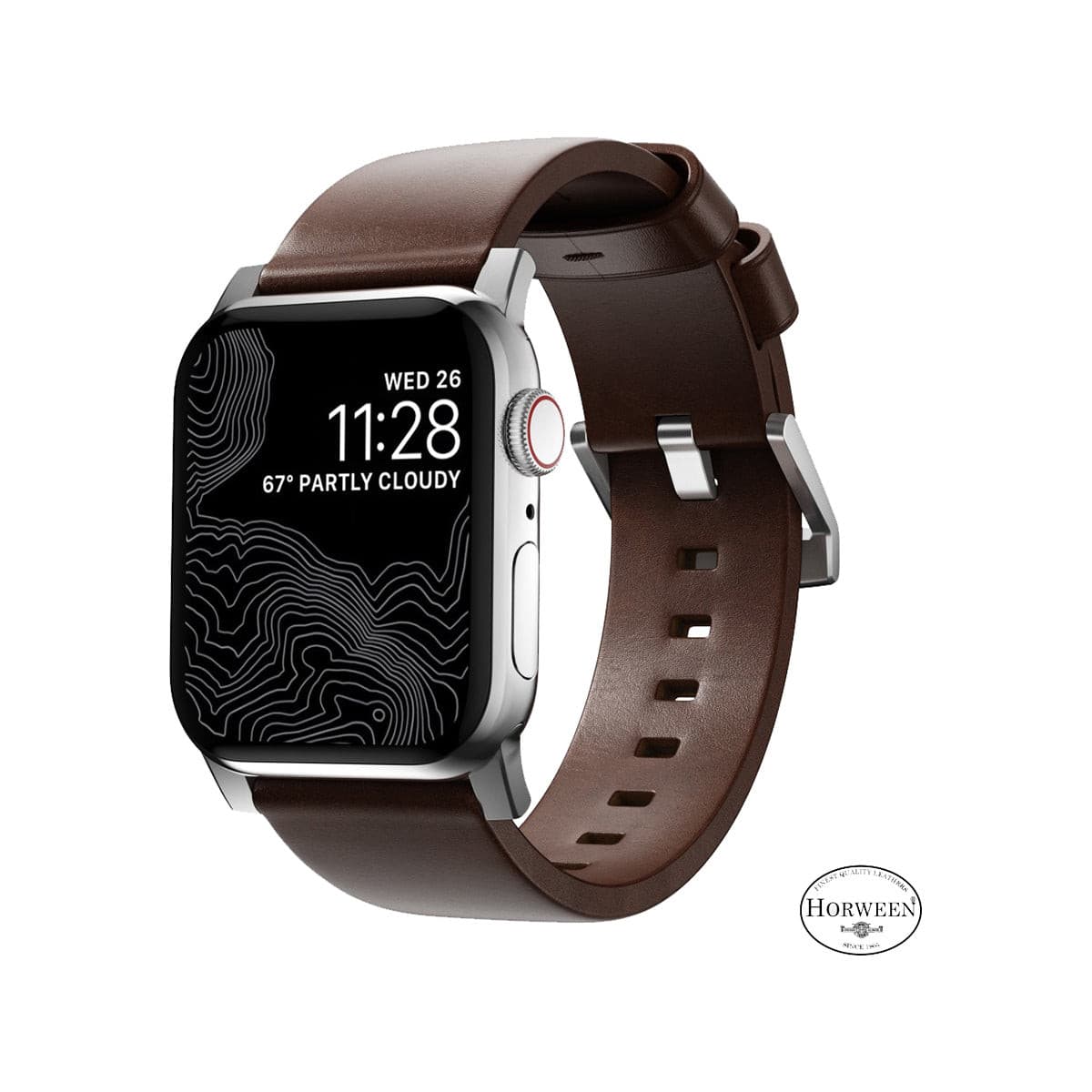 NOMAD Modern Leather Band for Apple Watch 45mm 49mm - Rustic Brown Horween Leather with Silver Hardware | Stylish & Durable Replacement Strap for Work, Travel & Everyday Wear