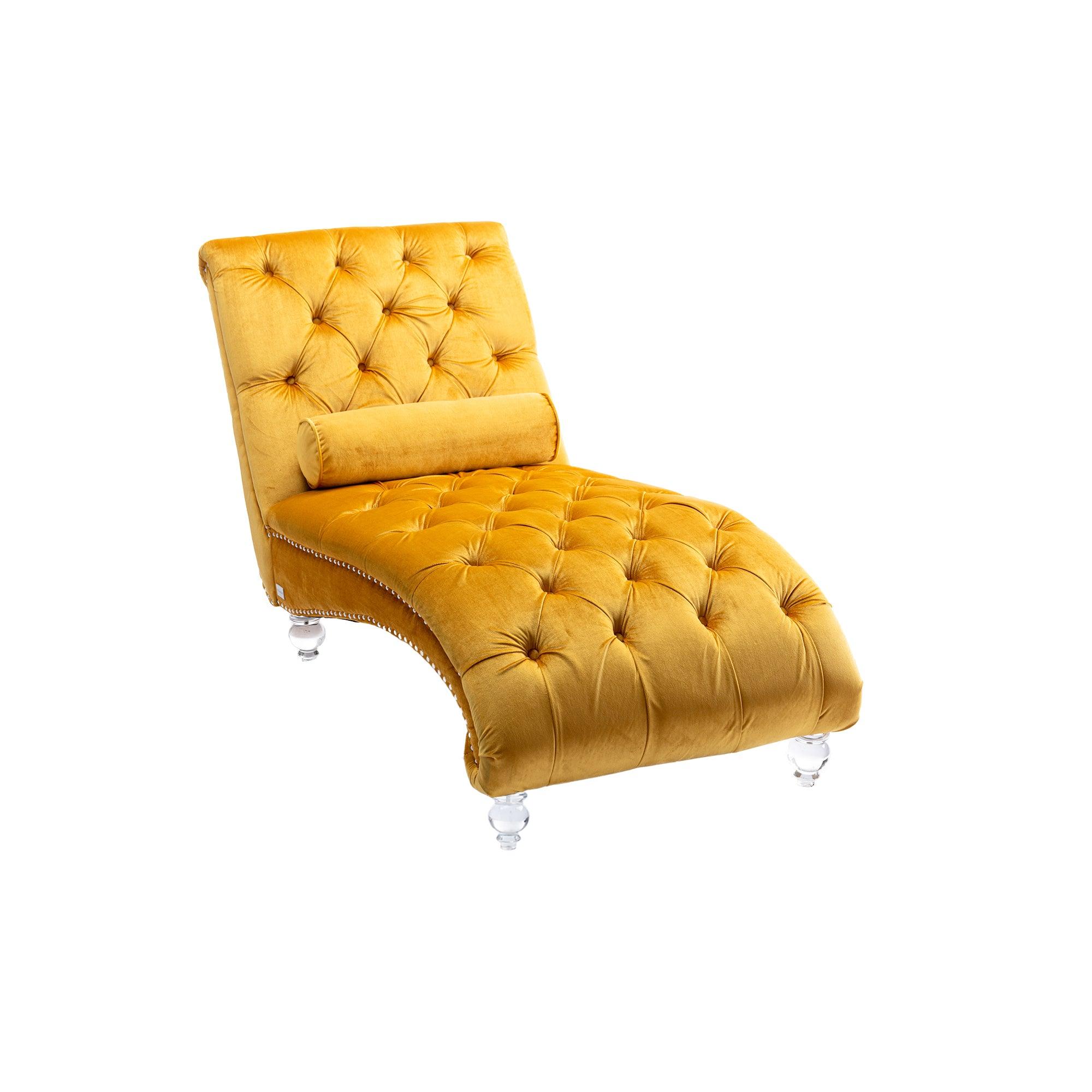 COOMORE Velvet Chaise Lounge Chair - Button Tufted Upholstered Sofa with Pillow, Mustard Velvet for Bedroom, Living Room & Office | Perfect for Reading Nook, Lounge Area & Home Decor