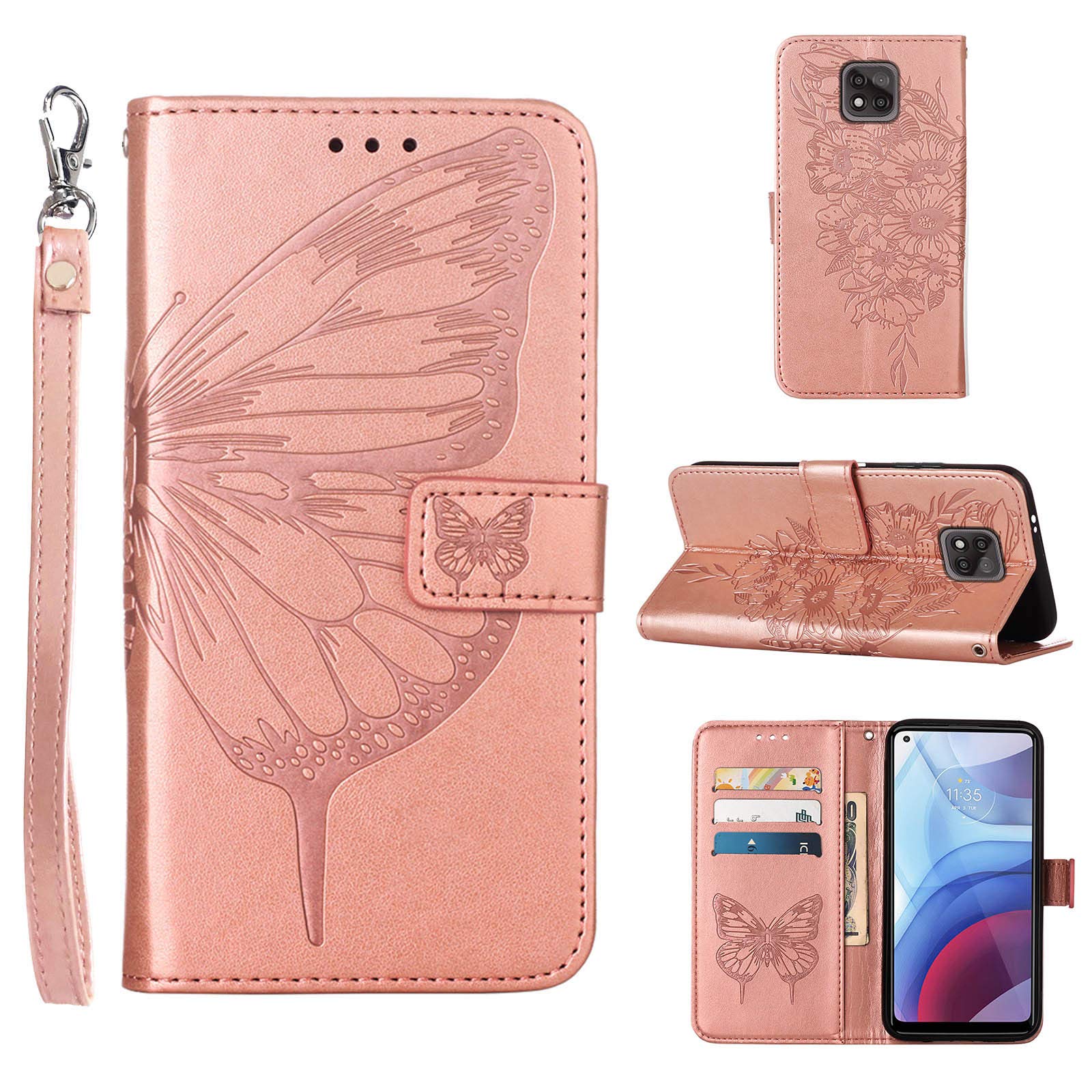 Premium Leather Wallet Phone Case for Moto G Power 2021 - Floral Embossed Butterfly Design with Wrist Strap, Card Holder & Kickstand (Rose Gold) | Protective Flip Cover for Everyday Use & Travel
