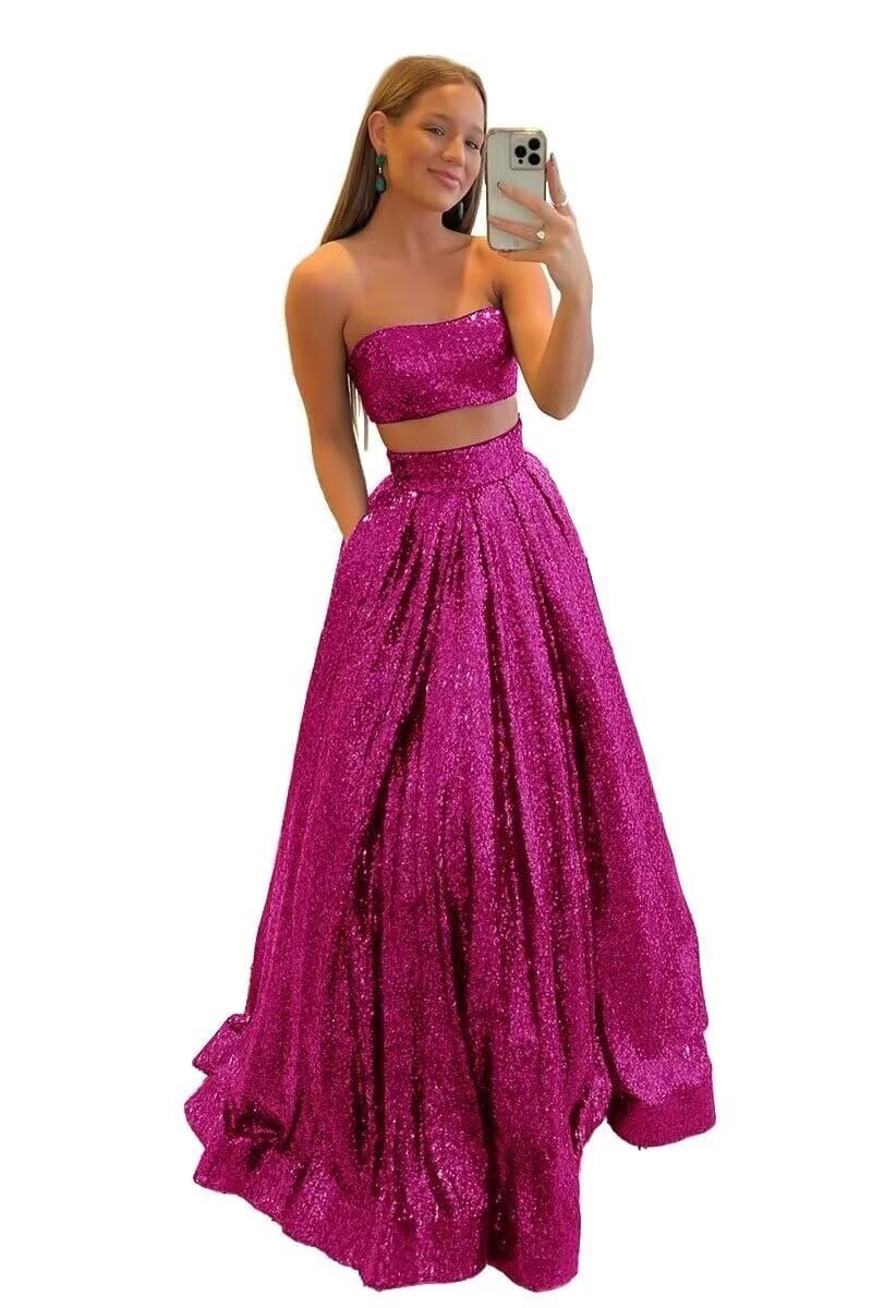 Elegant Women's Two-Piece Long Sequin Prom Dress - A-Line Satin Formal Evening Gown for Wedding, Party & Special Occasions | Perfect for Homecoming, Quinceañera & Black Tie Events