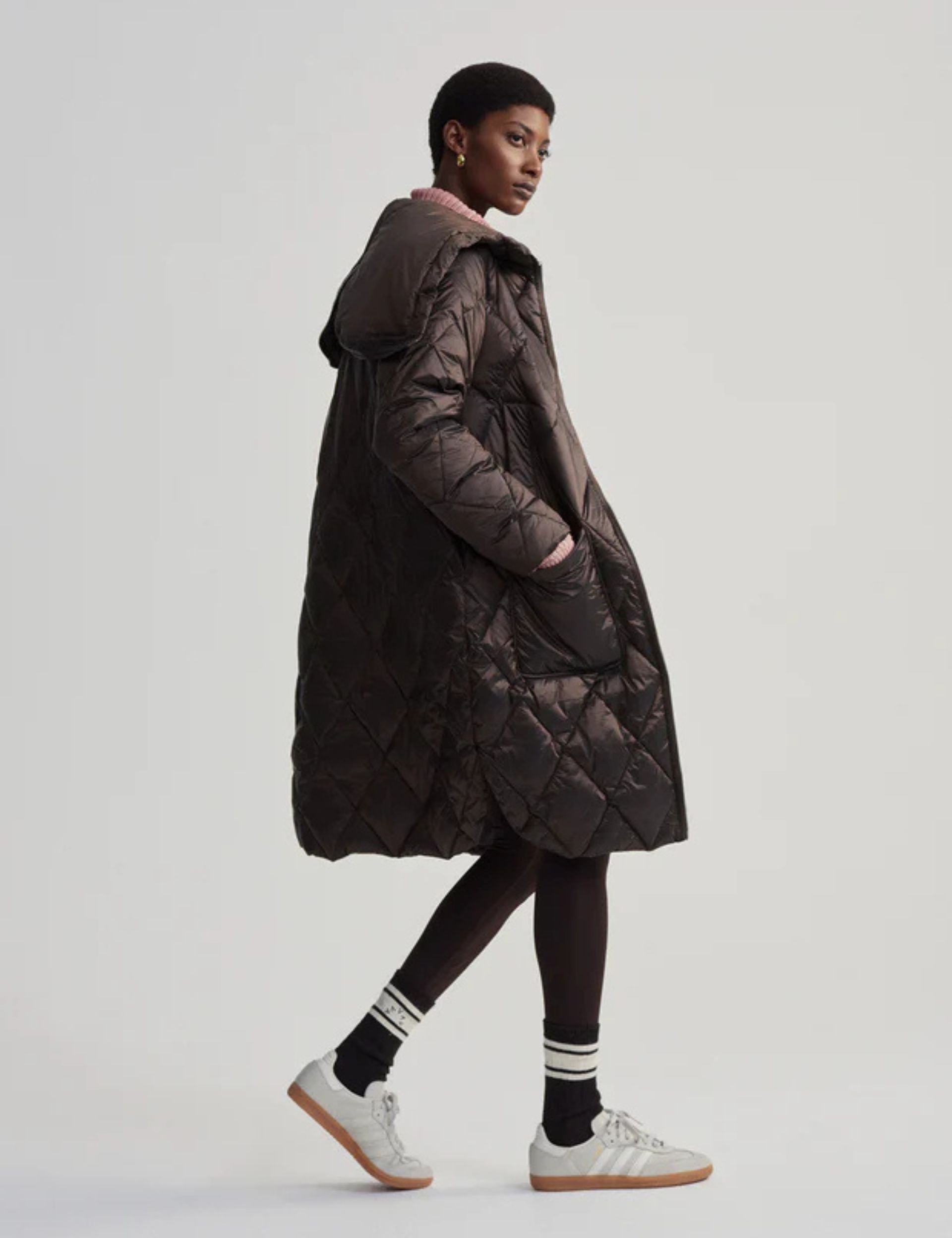 Frisco Long Quilted Jacket for Women - Stylish Coffee Quartz Metallic Coat | Perfect for Fall & Winter Outdoor Activities