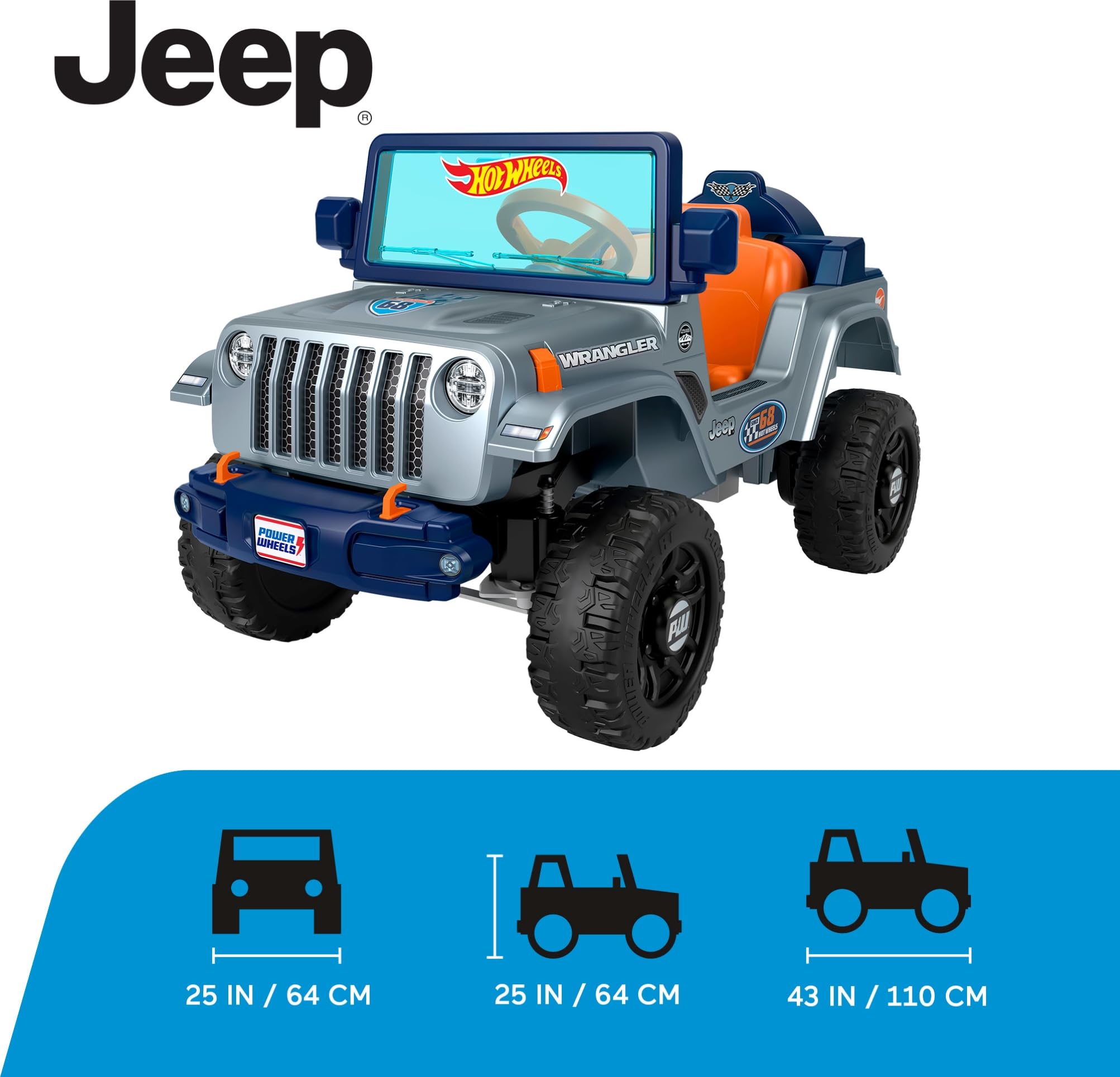 Power Wheels Hot Wheels Jeep Wrangler Ride-On Toy for Toddlers - 12V Battery-Powered, Real Driving Sounds & Multi-Terrain Traction, Single Seat for Kids Ages 2-5 Years | Outdoor Play, Backyard Fun, Birthday Gift for Boys & Girls