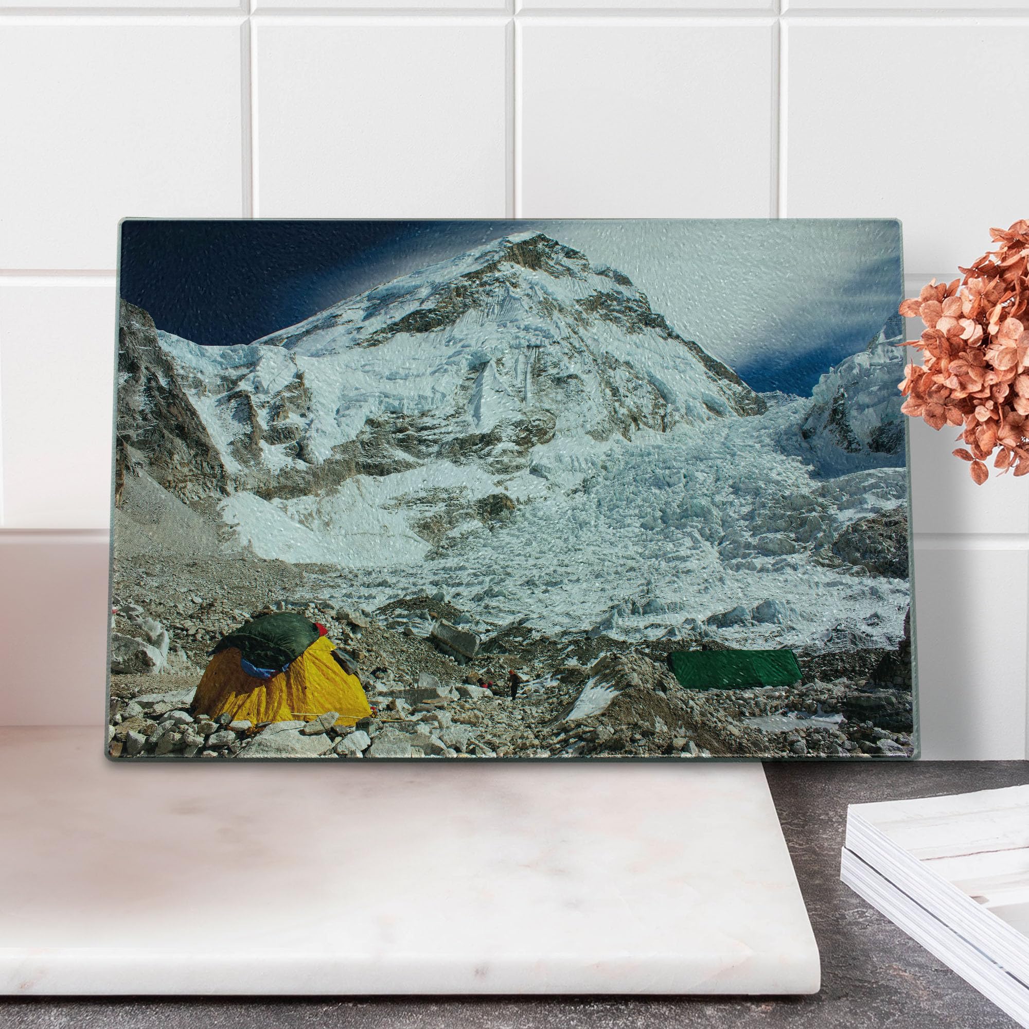 Lunarable Tempered Glass Cutting Board - Everest Base Camp Scenery with Snowy Mountain & Icy Peaks Art - Decorative Serving Board for Campers (Small, White/Grey) - Perfect for Outdoor Adventures, Picnics & Kitchen Decor