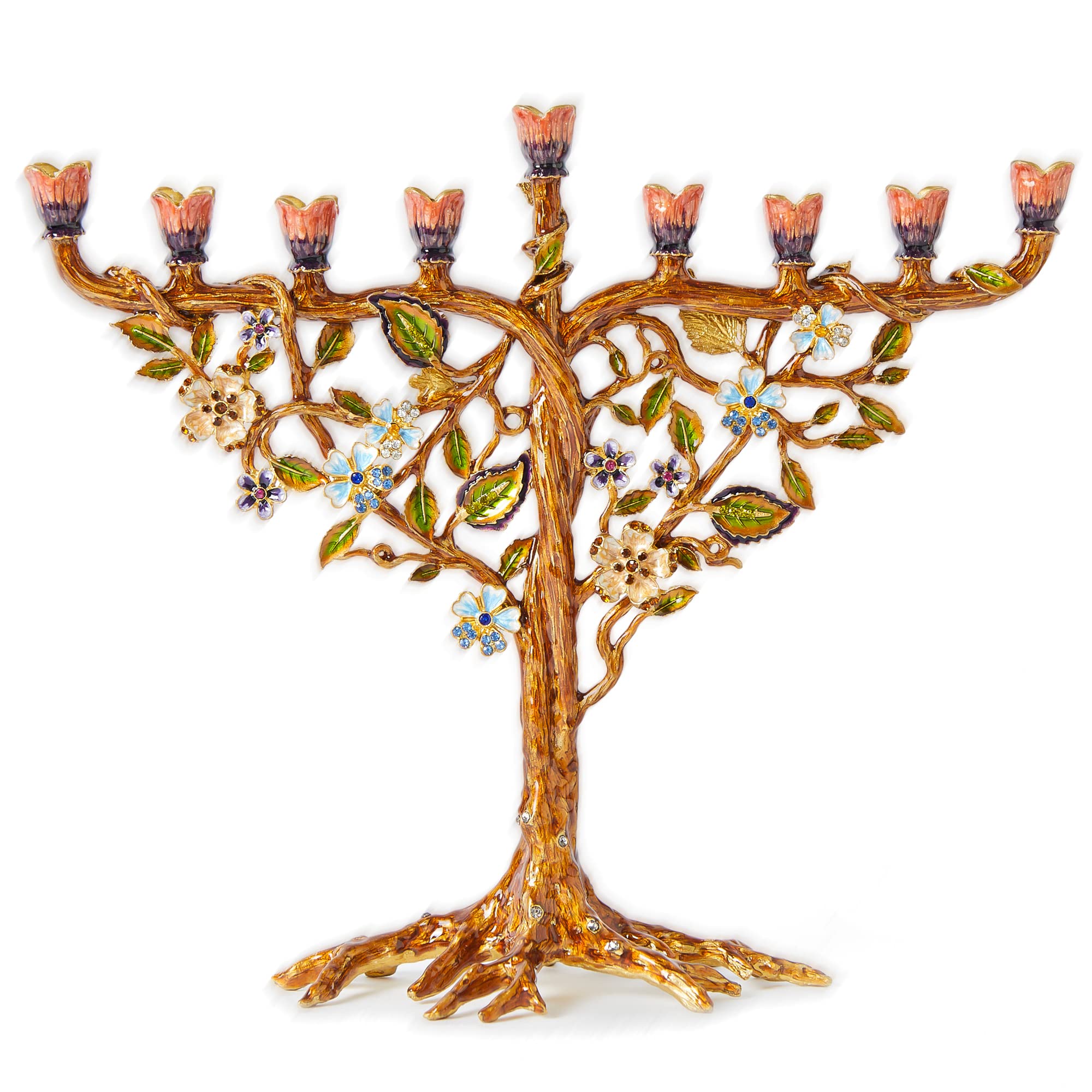Hand Painted Jewish Menorah Candle Holder - Metal Hanukkah Candelabra with Crystal Embellishments & Floral Vine Design, Fits 9mm (5/16