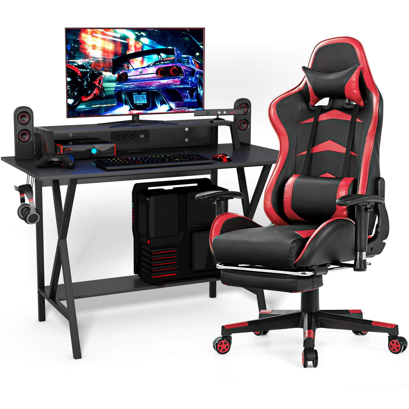 Tangkula Gaming Desk and Chair Set - Ergonomic E-Sport Gamer Desk with Monitor Stand & Racing Style Chair with Adjustable Height, Reclining Backrest, Footrest - Perfect for PC Gaming Setup, Streaming Station, Home Office Workstation