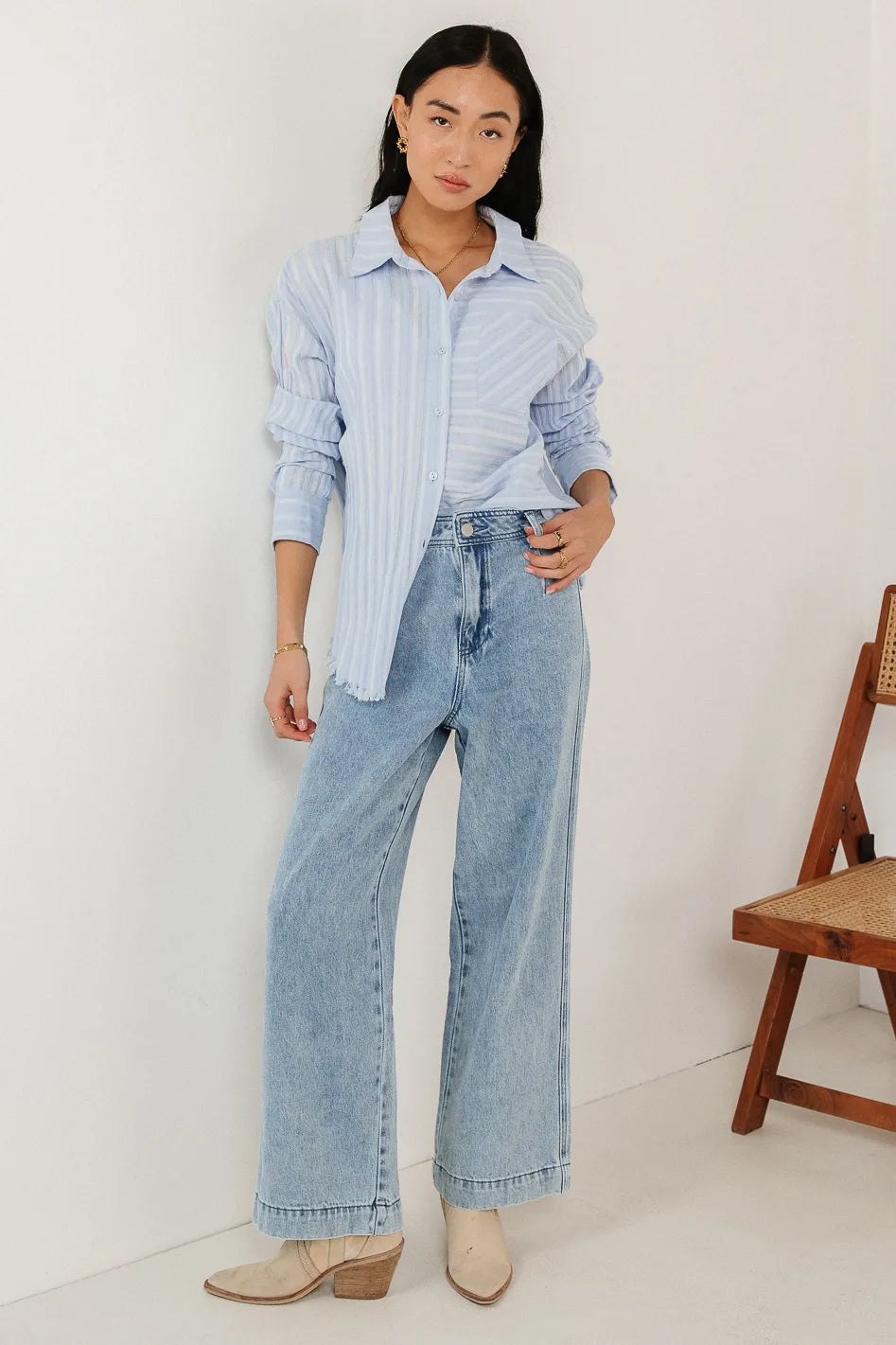 Blue Nyah Striped Button-Up Shirt for Women | Casual & Office Wear | Final Sale