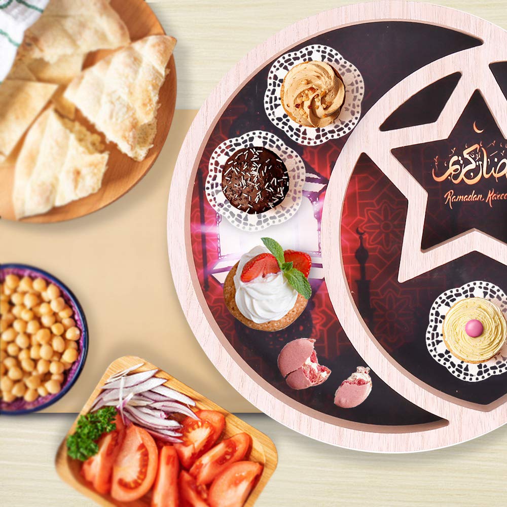 Ramadan Kareem Wooden Serving Tray - Moon & Star Shaped Dessert Platter with Crescent Design for Eid Mubarak - Islamic Gift, Muslim Party Decor, Home Table Centerpiece - Perfect for Iftar Gatherings, Eid Celebrations and Holiday Entertaining