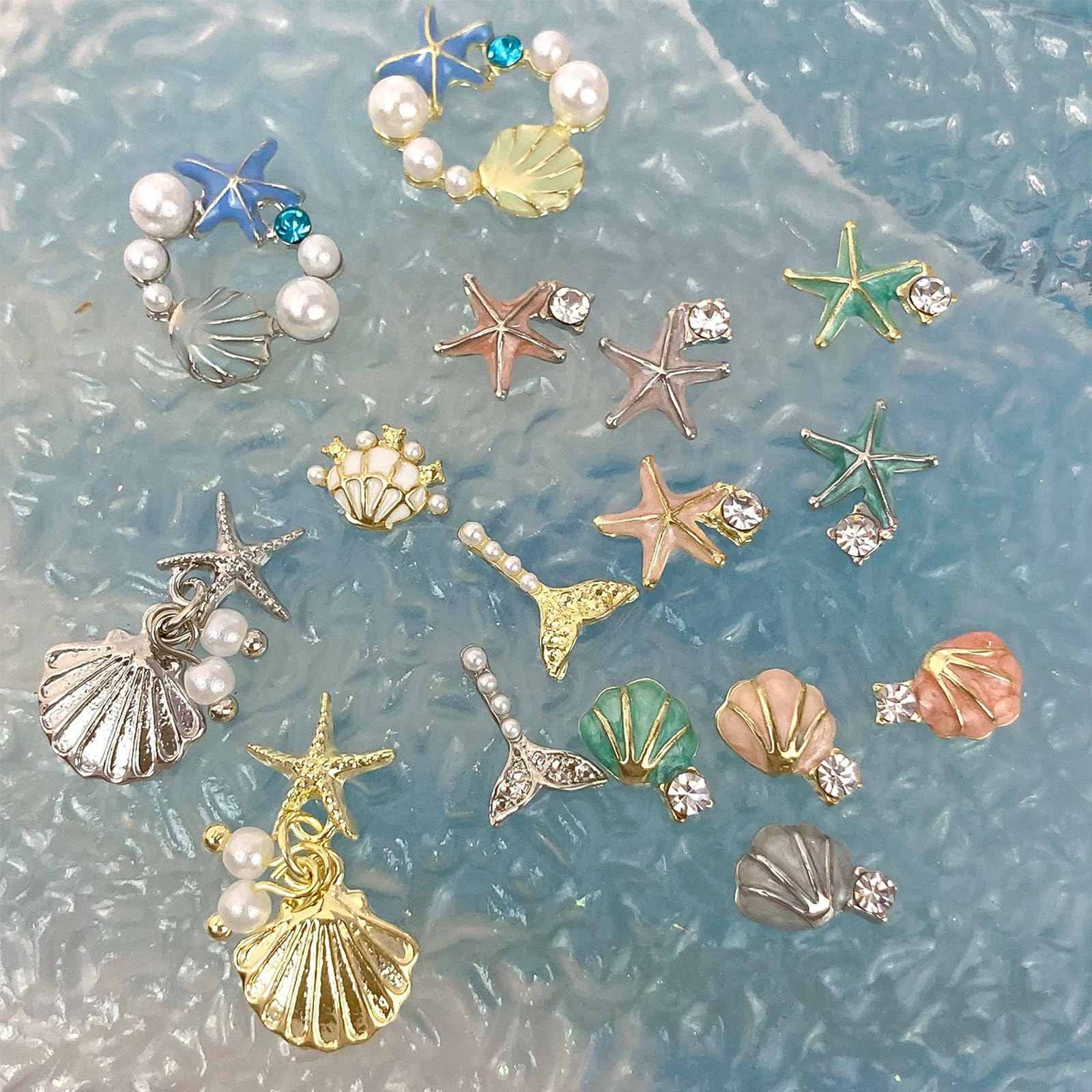 32PCS 3D Summer Beach Nail Art Charms - Rhinestones, Shells, Starfish & Fishtail Alloy Studs for Ocean Theme Manicure | DIY Nail Decoration Supplies for Summer Vacation, Beach Party & Nail Salon Designs