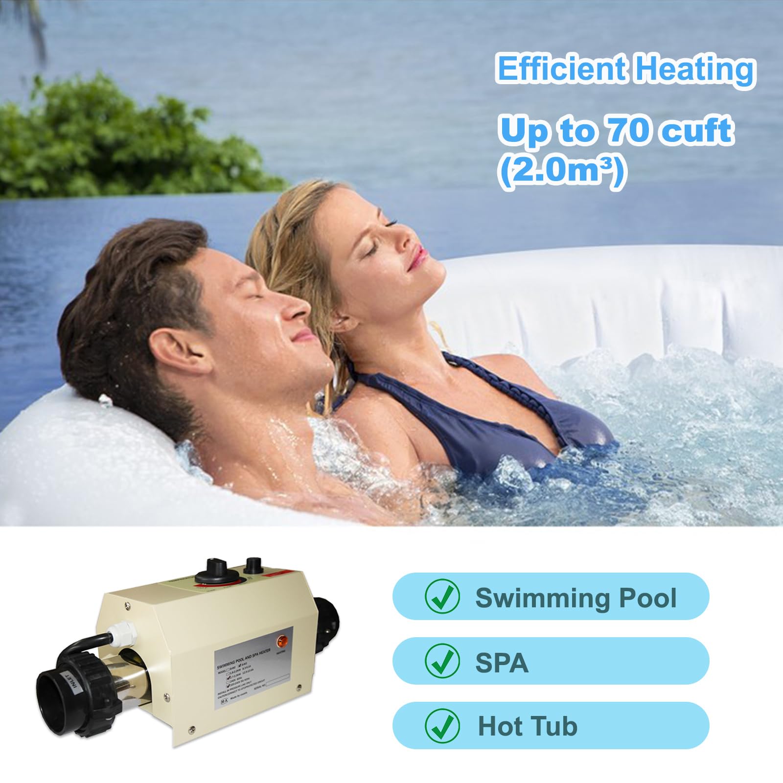 220V 3KW Electric Pool Heater with Digital Thermostat & Touch Display - Energy Efficient Swimming Pool Water Heater for Spas, Bathtubs, Inground & Above Ground Pools - Perfect for Backyard, Vacation Homes & Resorts