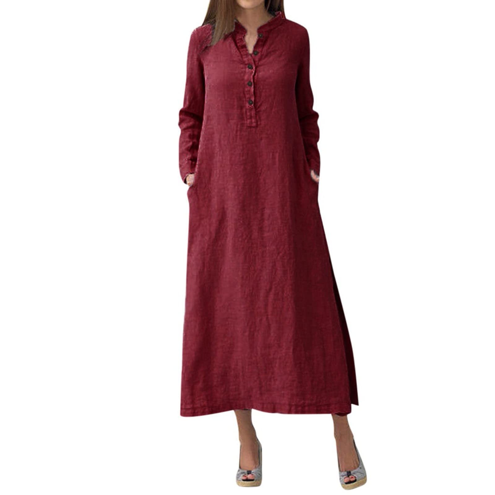 Trendy Women's Fall Dresses 2023 - Long Sleeve Solid Color Maxi Dress with Pockets | Casual Elegant Shirt Dress for Autumn Outings, Date Nights & Office Wear