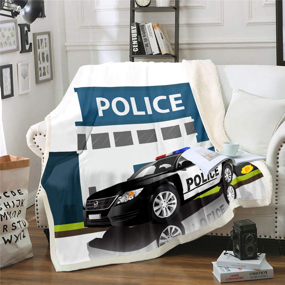 3D Police Car Sherpa Blanket for Kids - Queen Size Plush Fleece Throw with Cartoon Design in Grey Blue | Perfect for Boys, Girls & Teens Bedroom Decor, Cozy Gift for Car Lovers