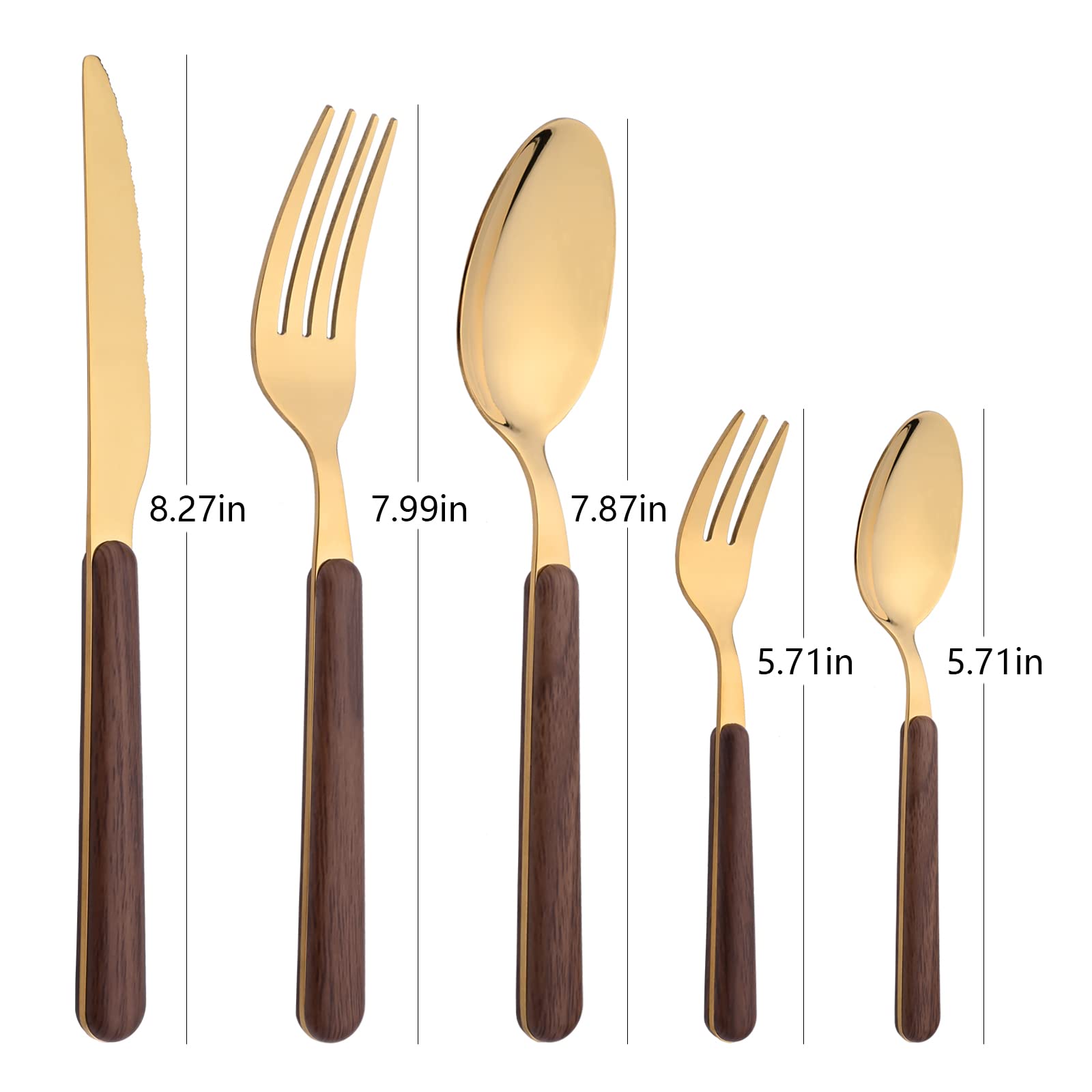 5-Piece Stainless Steel Silverware Set with Faux Wooden Handle - Retro Style Flatware Cutlery Set for Home & Restaurant - Mirror Polished Brown Gold Utensils - Perfect for Dinner Parties, Wedding Gifts & Fine Dining