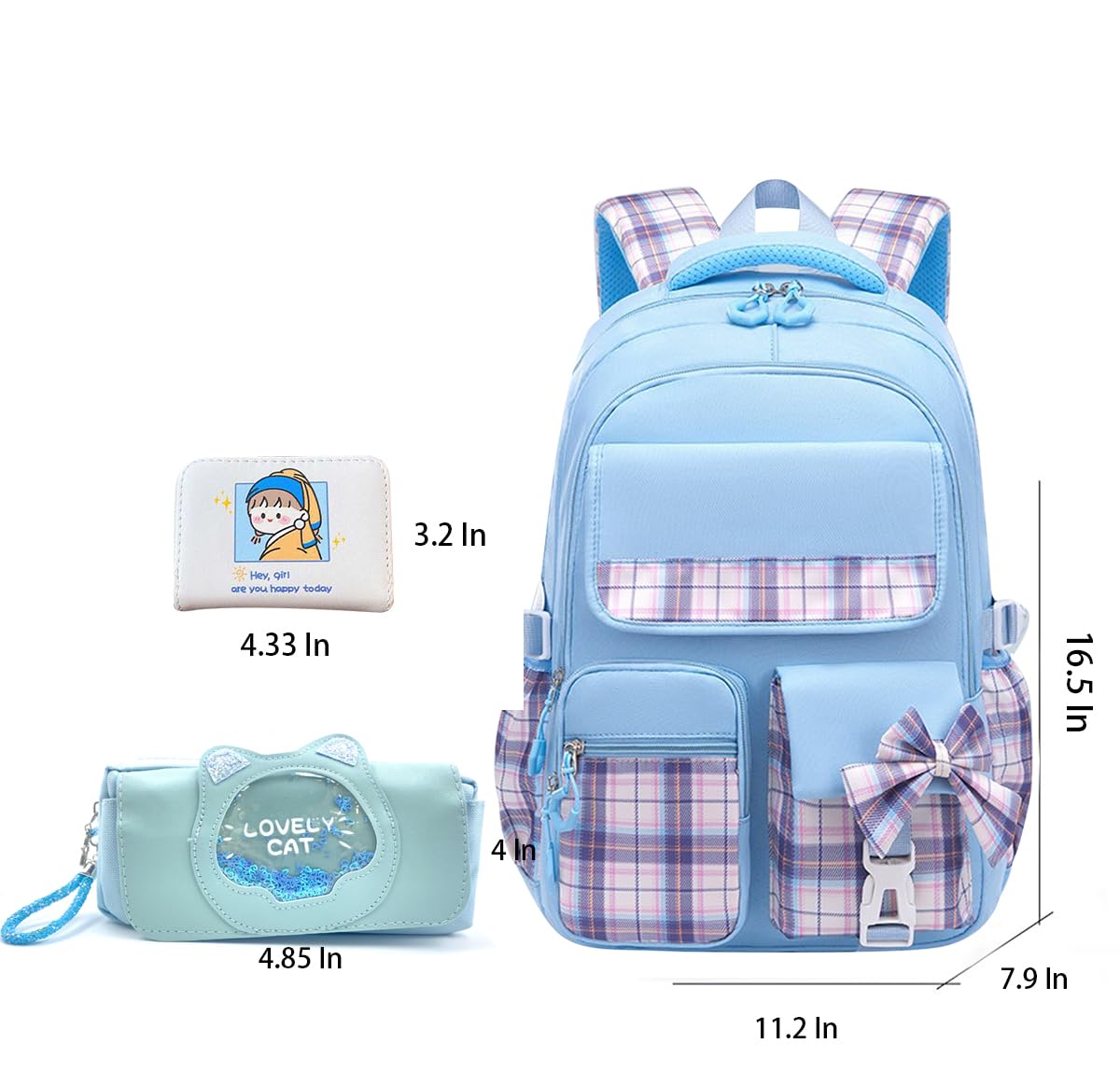 5Pcs Pink Plaid Backpack for School Girls - Cute Kawaii Bookbag for Elementary Students, Teen Kids Daypack for School, Travel & Casual Use (Pink Plaid) - Perfect for Class, Outings & Daily Adventures