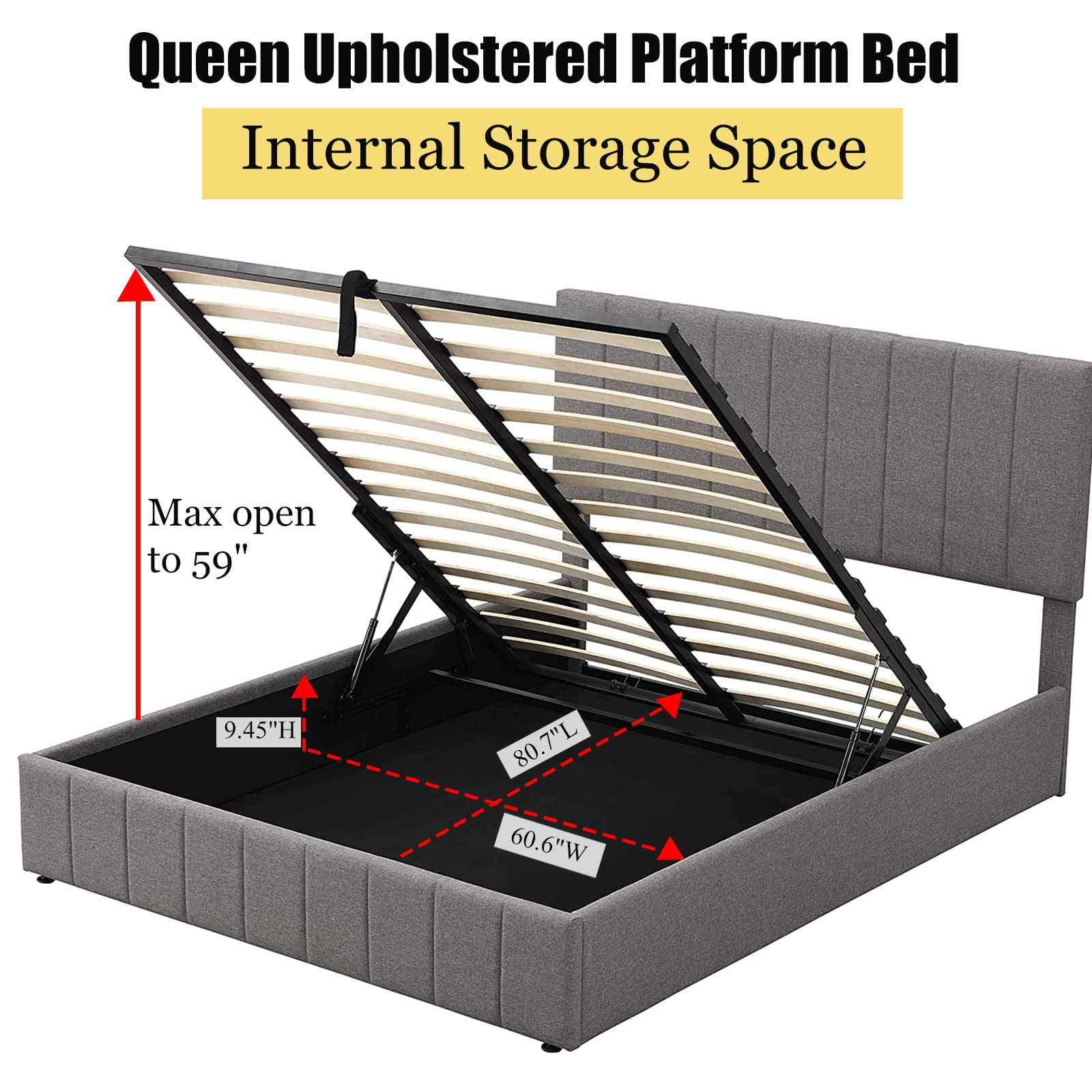 Harper & Bright Designs Queen Size Upholstered Platform Bed Frame with Headboard & Hydraulic Storage System, Under Bed Storage, Grey - Modern Bedroom Furniture for Small Space & Apartment Living