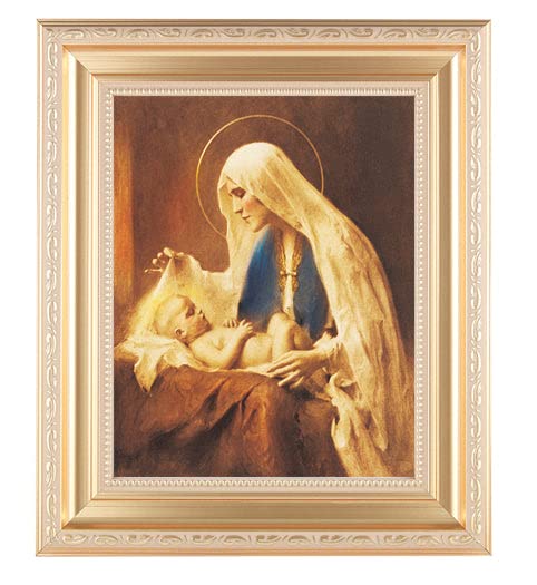 Madonna and Child Framed Wall Art - Large Religious Home Decor with Satin Gold Fluted Frame, Distressed Finish & Detailed Scrollwork - Perfect for Living Room, Bedroom or Church Decor
