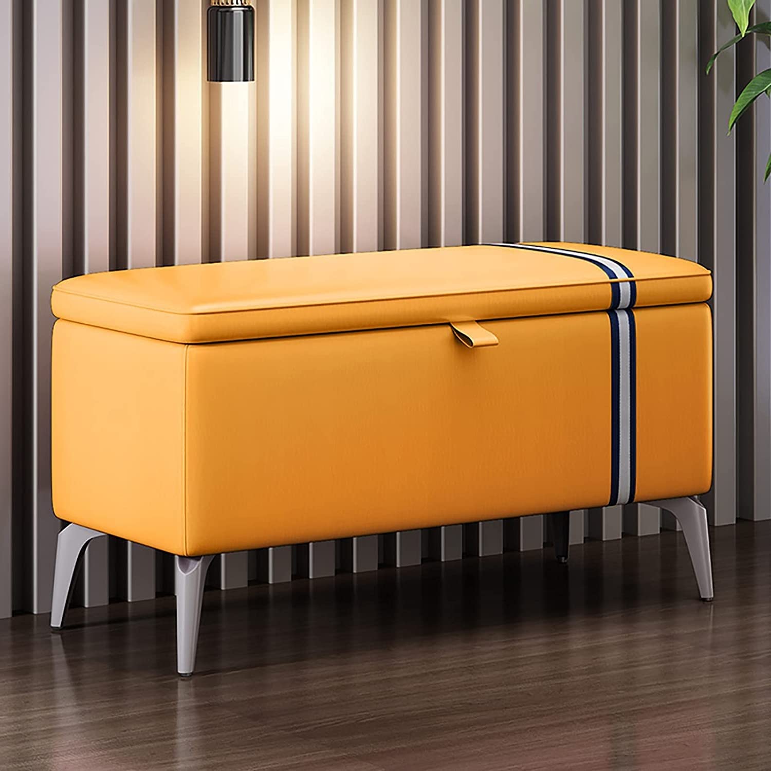 Modern Leather Storage Ottoman Bench - Rectangle Entryway Shoe Bench with Padded Seat, Solid Wood Storage Trunk, Multifunctional Furniture (Orange, 39.4