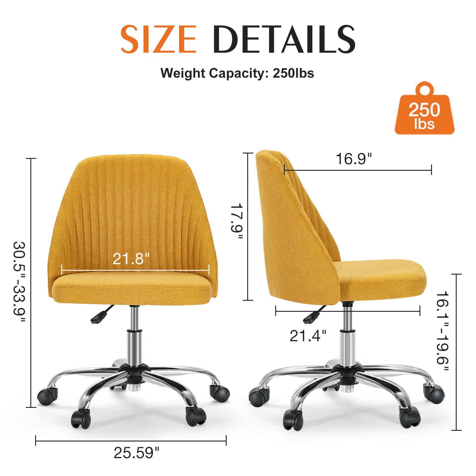 Sweetcrispy Armless Office Chair - Modern Fabric Swivel Desk Chair with Wheels & Adjustable Height, Ergonomic Computer Task Chair for Home Office, Small Spaces | Perfect for Workstations, Gaming & Vanity Areas