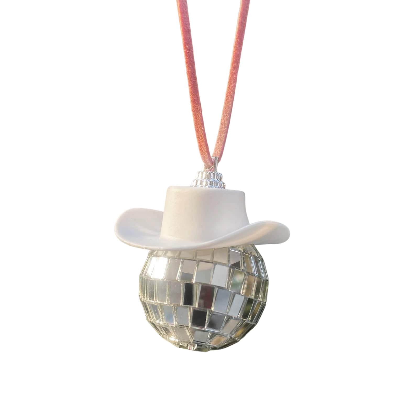 Disco Ball Car Mirror Hanging Ornament - Sparkling Cowboy Hat Car Charm Accessory for Party & Fun Ride Decor (White) | Perfect for Birthday Celebrations, Road Trips & Night Cruises