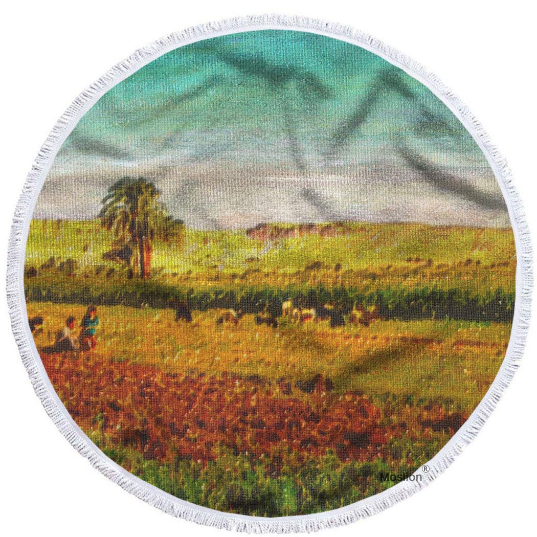 Moslion Oversized 63 Inch Beach Towel - Soft Polyester-Microfiber, Quick-Drying, Large Round Beach Blanket with Countryside Landscape Art Design - Perfect for Pool, Picnic, Travel & Outdoor Activities