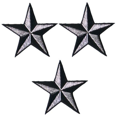 Nautical Star Iron on Patch - Silver Black Embroidered Badge 1.5