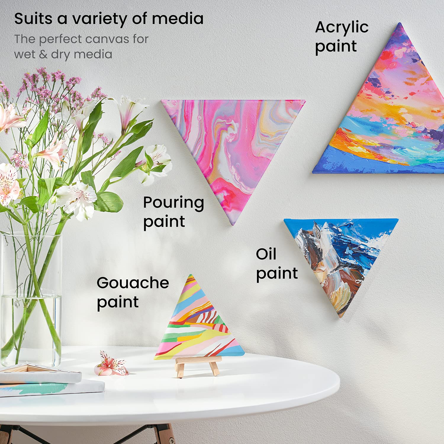ARTEZA 14 Inch Triangle Stretched Canvas - Pack of 8 White Blank Artist Canvases for Acrylic, Oil & Gouache Painting - Perfect for Studio Art, Home Decor & DIY Projects