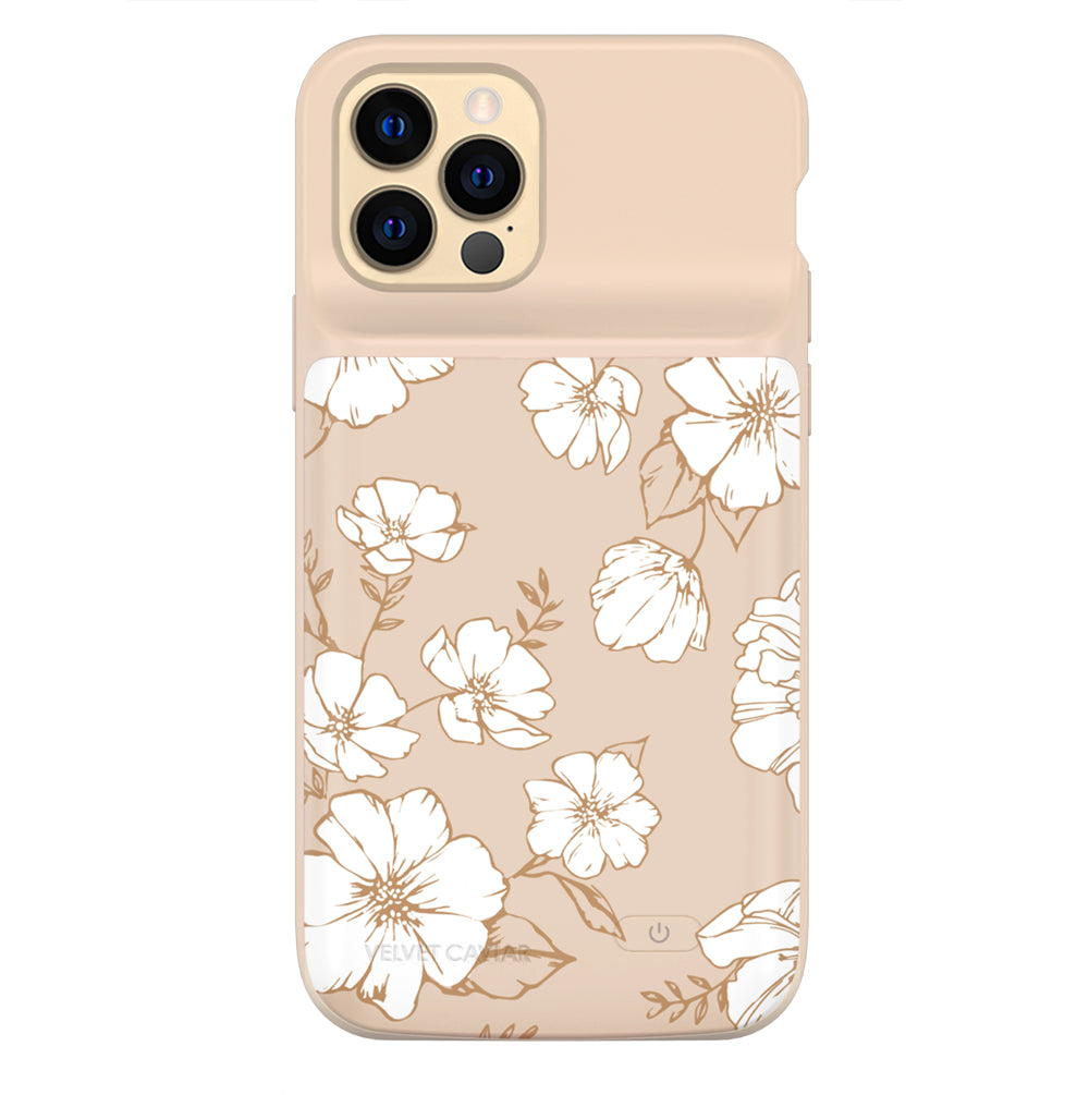 White Floral iPhone Charging Case - Slim Portable Battery Charger for iPhone 11/12/13/14/15 - Perfect for Travel, Work & Everyday Use