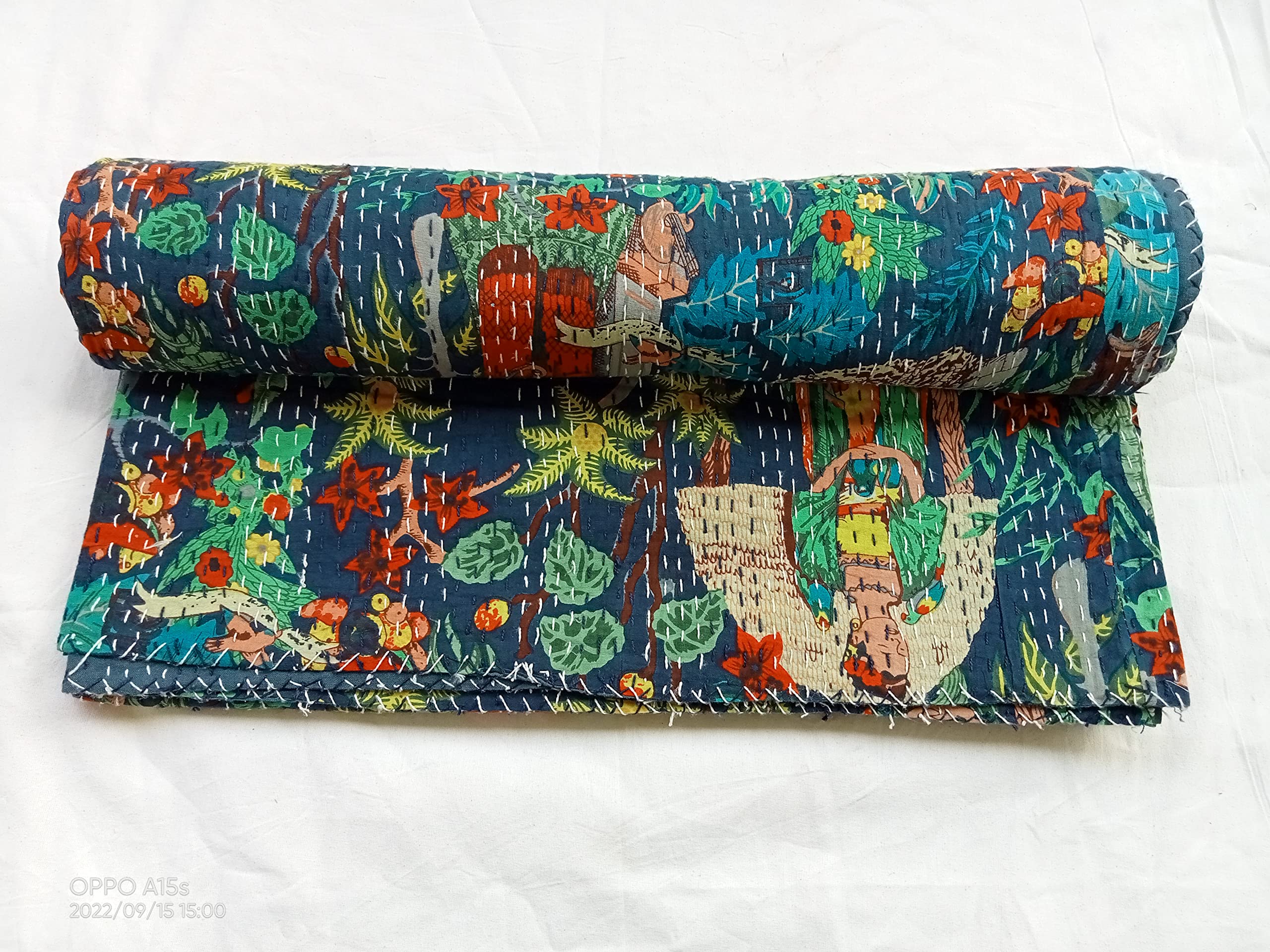 Handmade Indian Kantha Quilt - Traditional Handblock Print Cotton Bedspread, Lightweight Throw Blanket & Decorative Bed Cover for Boho Home Decor, Guest Room & Cozy Living Spaces