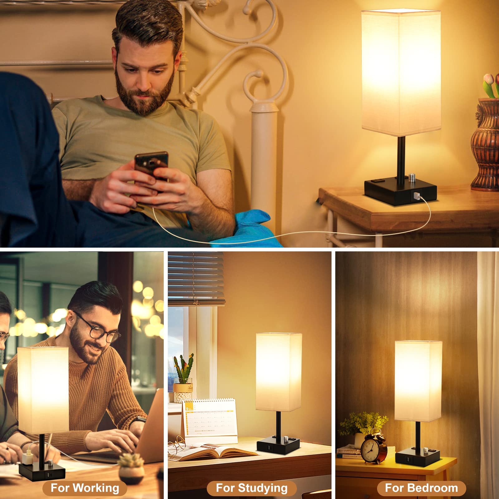 White Fully Dimmable Nightstand Lamps Set of 2 - USB C/A Charging & AC Outlet Table Lamps with Linen Shade for Bedroom, Living Room, Office (Bulb Included) | Modern Lighting for Reading, Working & Nighttime Use
