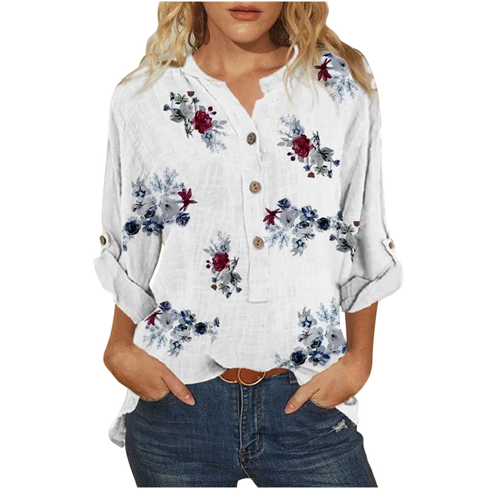 Women's Vintage Print Long Sleeve V-Neck Button Down Blouse - Loose Casual Roll Sleeve Tops for Work, Date Night & Everyday Wear
