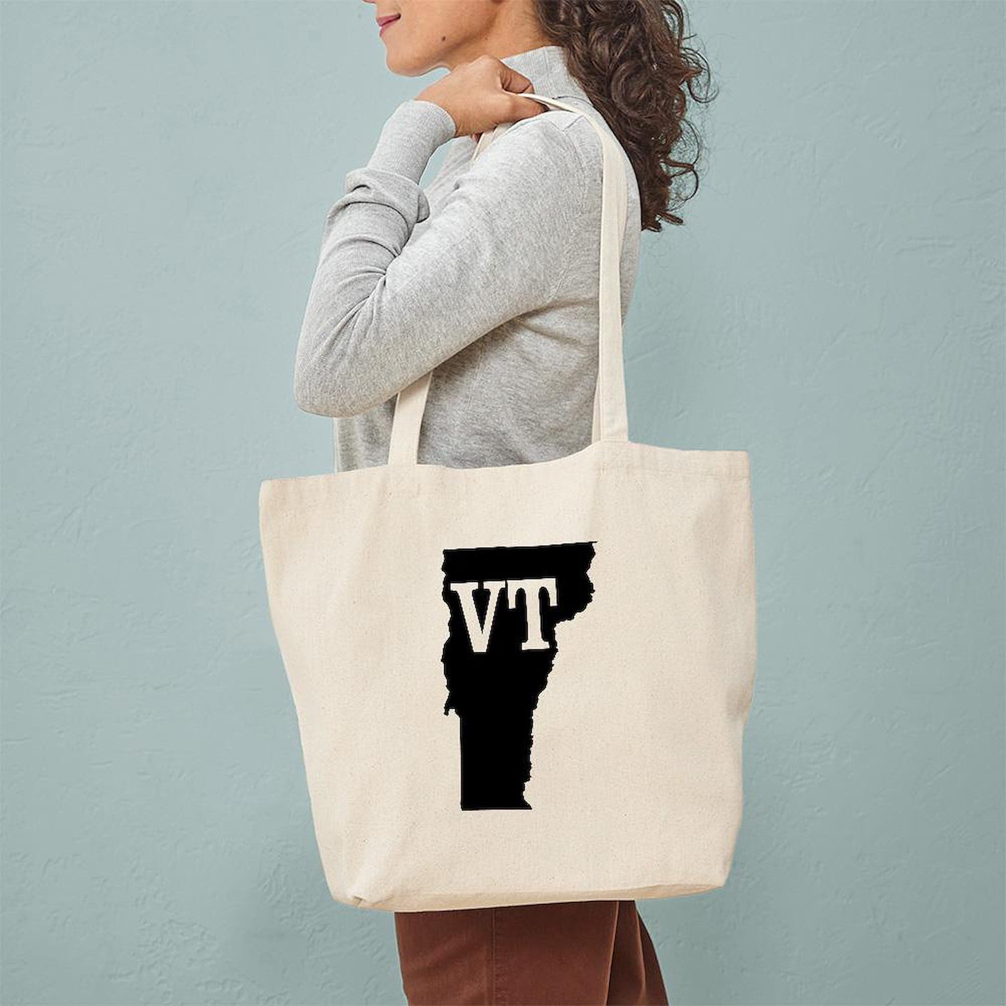 Vermont Initials Natural Canvas Tote Bag - Reusable Eco-Friendly Shopping Bag for Groceries, Beach & Daily Use | Personalized State-Themed Gift